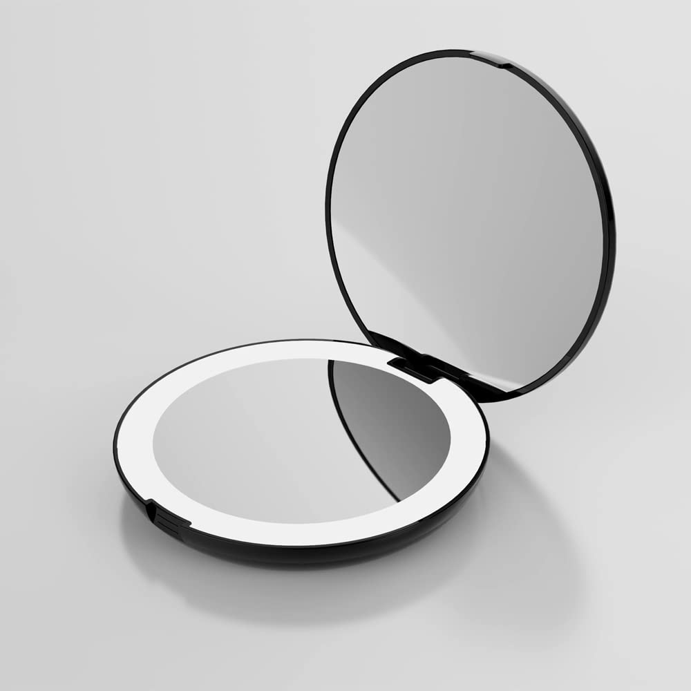 5 Inch Lighted Compact Mirror with 1X/5X Magnification - Dual-Sided LED Makeup Mirror for Travel & Home Use, Portable Folding Design, Daylight Simulation (Black) - Perfect for Makeup Application, Skincare Routine & Travel Essentials