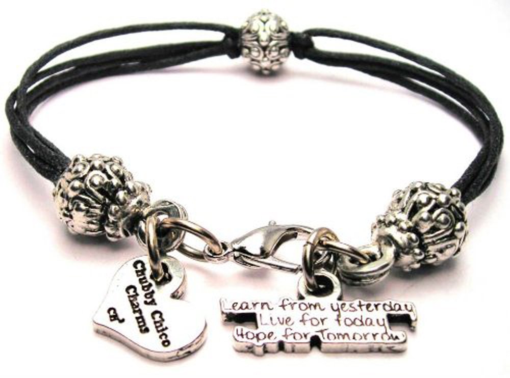 Pewter Beaded Black Waxed Cotton Cord Bracelet - 2.5