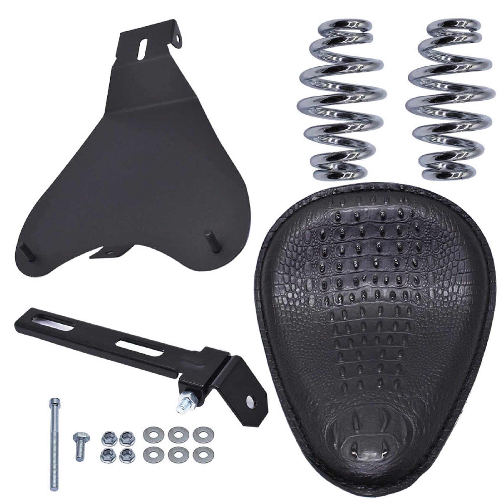 Premium Crocodile Style Leather Motorcycle Solo Seat with Cushion & Spring Base Plate - Replacement for Harley Chopper, Bobber, Dyna, Sportster XL & Shadow - Perfect for Long Rides & Custom Bike Builds