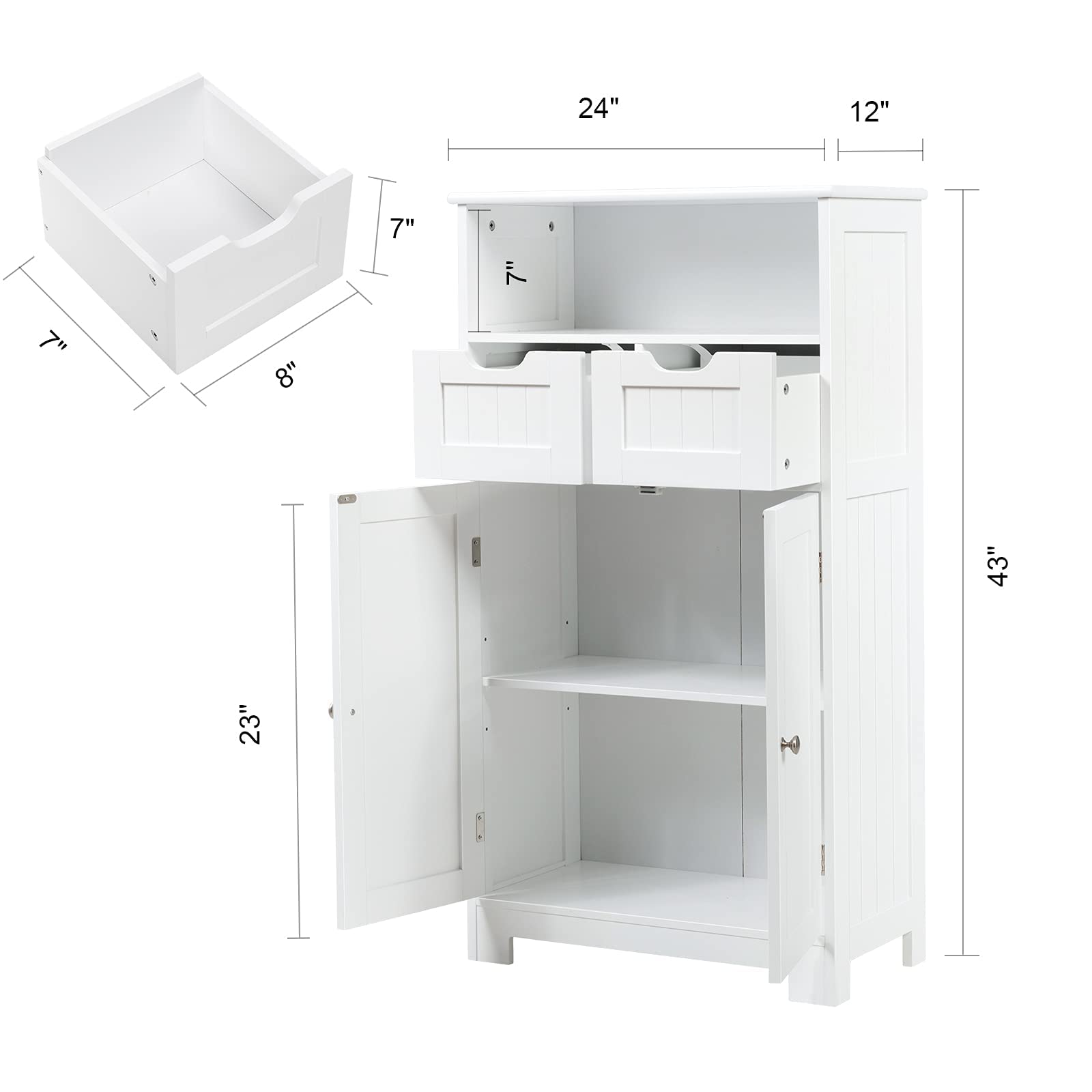 Rainfally Bathroom Storage Cabinet with Open Shelf, 2 Doors & Adjustable Drawers - White Standing Cupboard for Kitchen, Bathroom, Bedroom & Office - Perfect for Organizing Towels, Toiletries & Cleaning Supplies