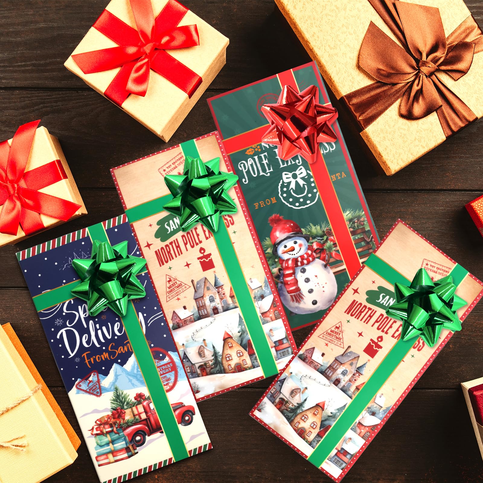 Vintage Christmas Gift Card Holders 24-Pack with Bows - Holiday Party Favors for Cash Gifts