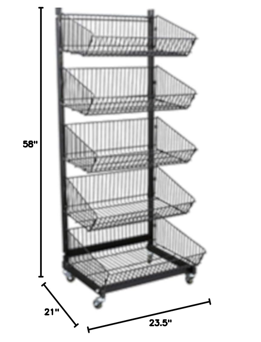 5-Tier Metal Wire Snack Organizer & Utility Cart with Wheels - Black | Fruit, Vegetable, and Merchandise Display Rack for Kitchen, Pantry, or Retail Store Use