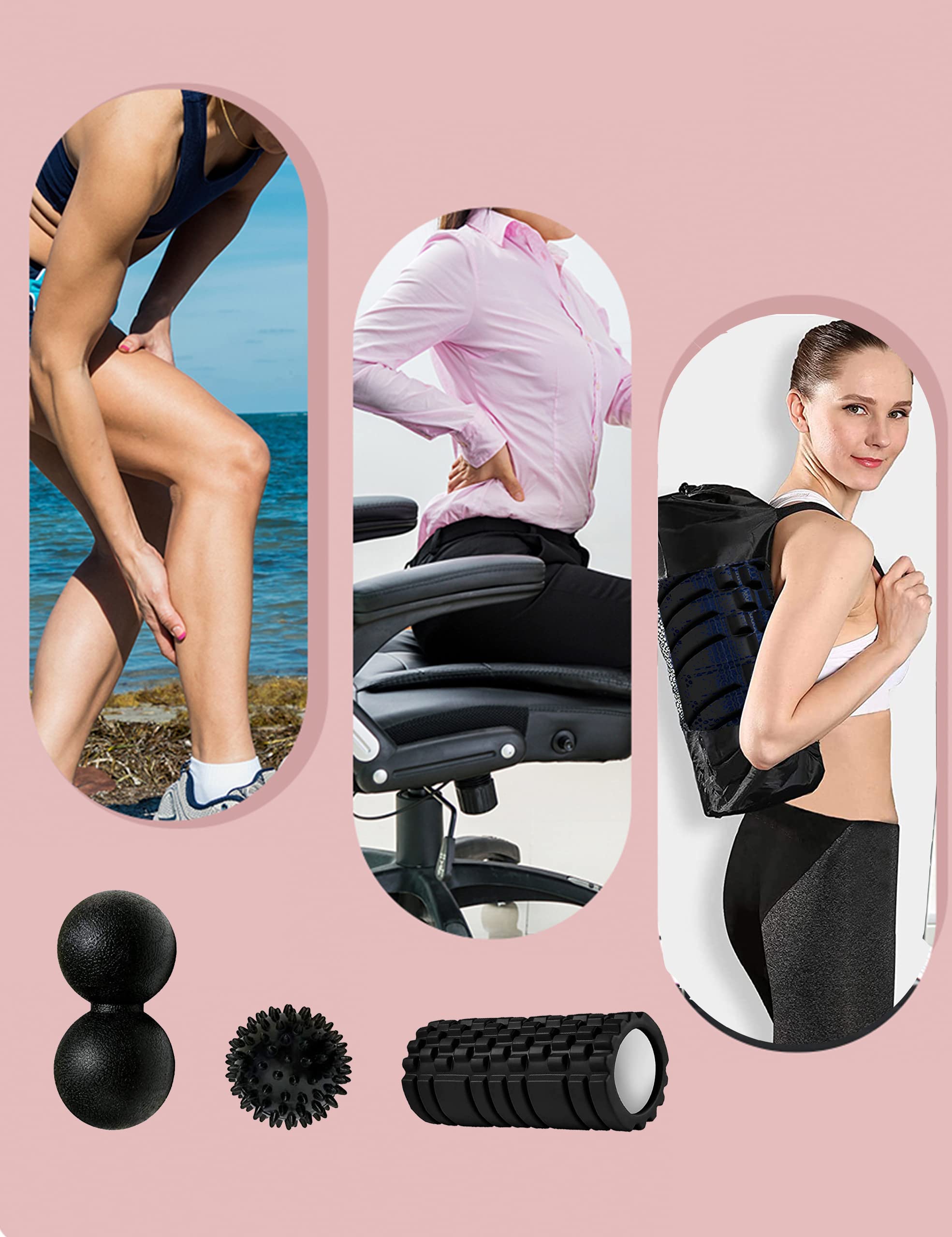 4-in-1 Foam Roller Set with Hollow Core Massage Roller, Peanut Ball, Spiky Ball & Storage Bag - Deep Tissue Massage for Back & Leg Pain Relief - Post-Workout Recovery & Muscle Relaxation (Black) - Perfect for Gym, Yoga, Home Fitness & Physical Therapy