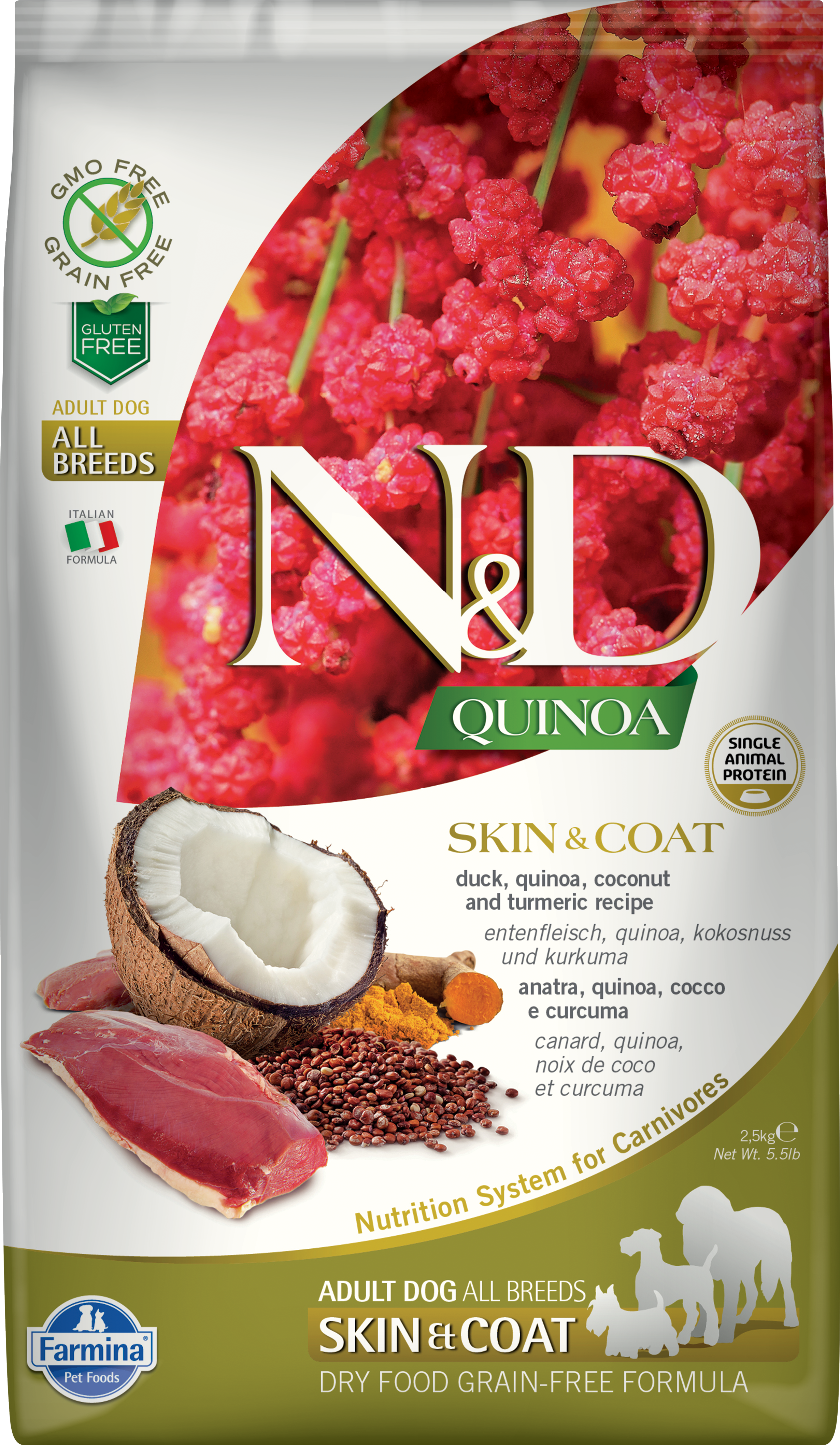 Farmina N&D Quinoa Grain-Free Dry Dog Food - Duck Recipe for Skin & Coat Health | Premium Functional Nutrition for Sensitive Skin & Shiny Coat | Perfect for Adult Dogs with Allergies or Digestive Issues