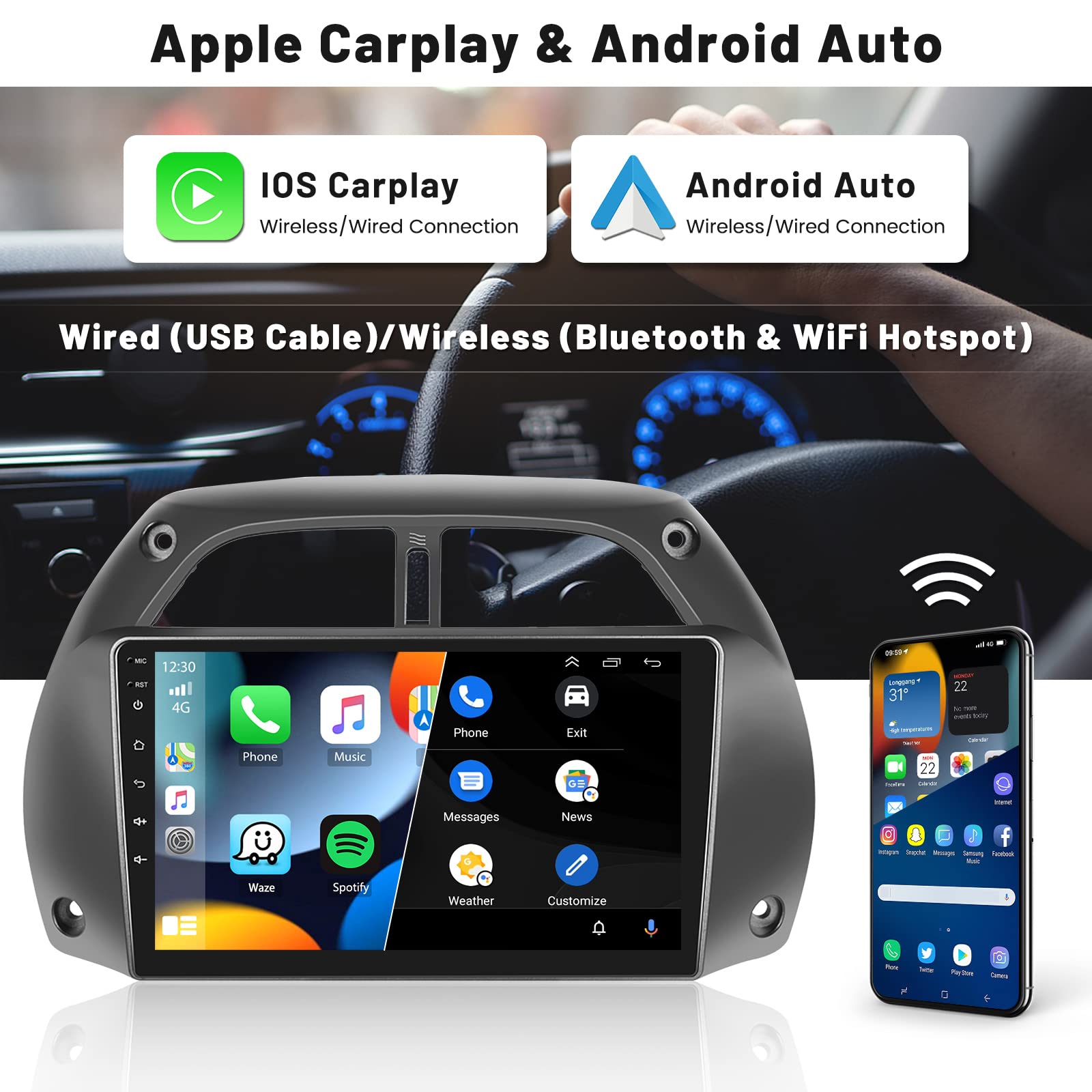 Roinvou 9 Inch Android 13 Car Stereo for Toyota RAV4 2000-2003 | 2GB RAM 64GB ROM | Wireless CarPlay & Android Auto | Bluetooth GPS WiFi | HD Touchscreen with AHD Backup Camera | Perfect for Commuting & Road Trips