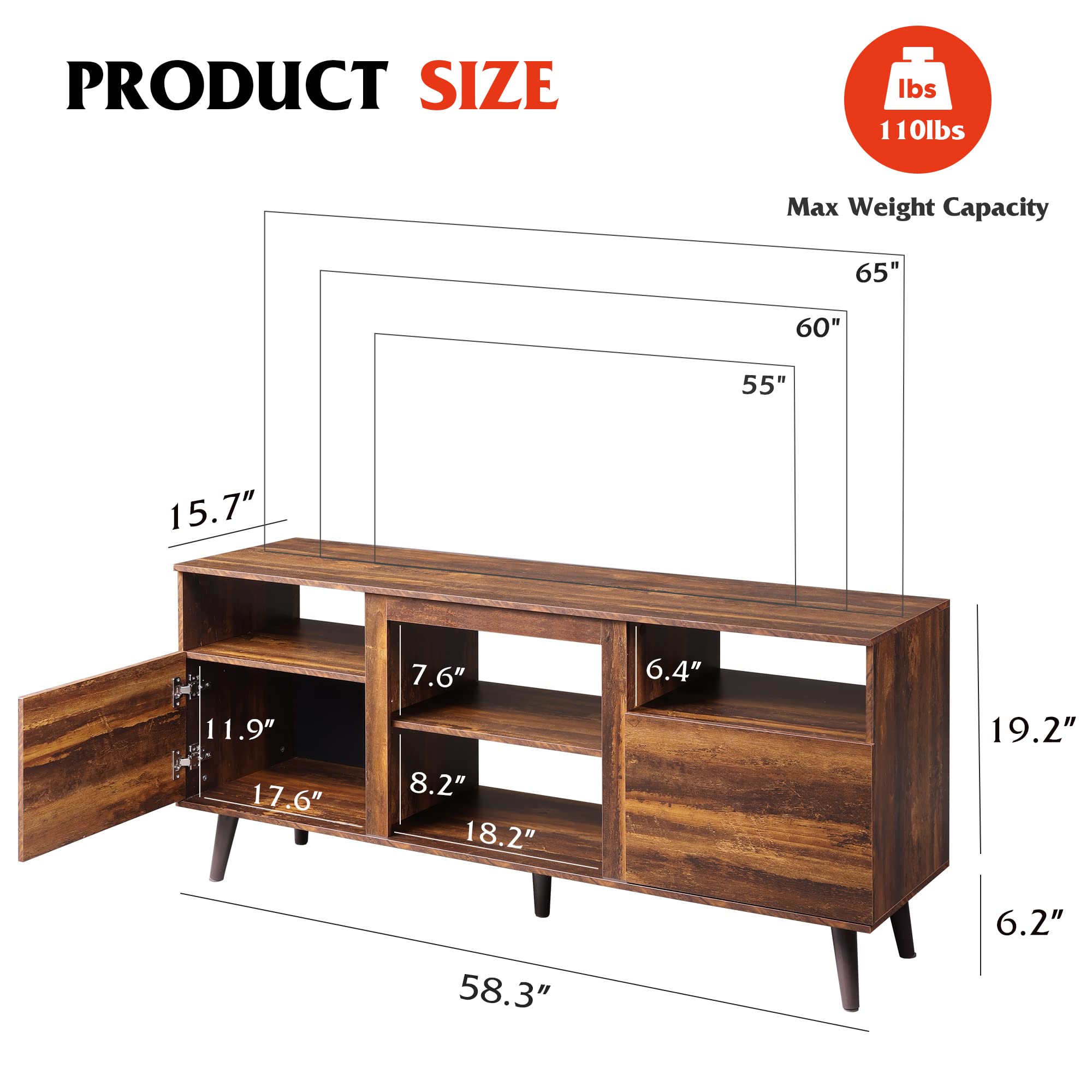 65 Inch TV Stand with 2 Storage Cabinets - Retro Brown Entertainment Center for Living Room, Bedroom & Office - Perfect Media Console for 58-65 Inch TVs - Ideal for Home Theater Setup & Modern Decor