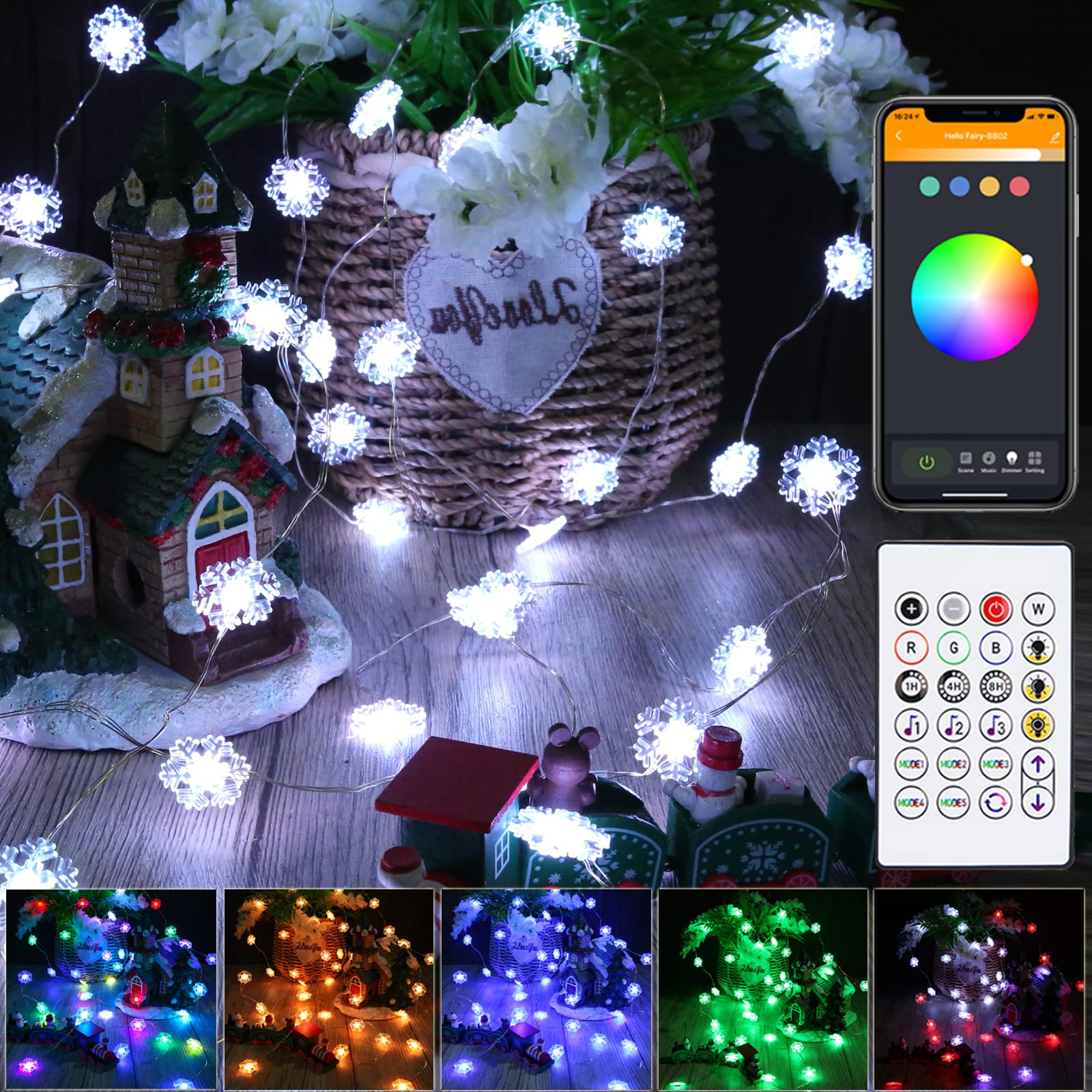 BrizLabs Smart Snowflake Christmas Lights - 19.68ft 40 LED RGB Color Changing Outdoor/Indoor Holiday Lights with APP & Remote Control, Music Sync for Xmas Tree, Bedroom, Party, and Home Decor (Perfect for Christmas, Winter Weddings, and Festive Celebrations)