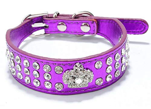 Sparkling Rhinestone Dog Collar with Crown Design - Crystal Diamante Jewelry PU Leather Pet Collar for Small Dogs & Cats (Purple, S Size 20-26cm Neck) - Perfect for Birthday Parties, Weddings & Special Occasions