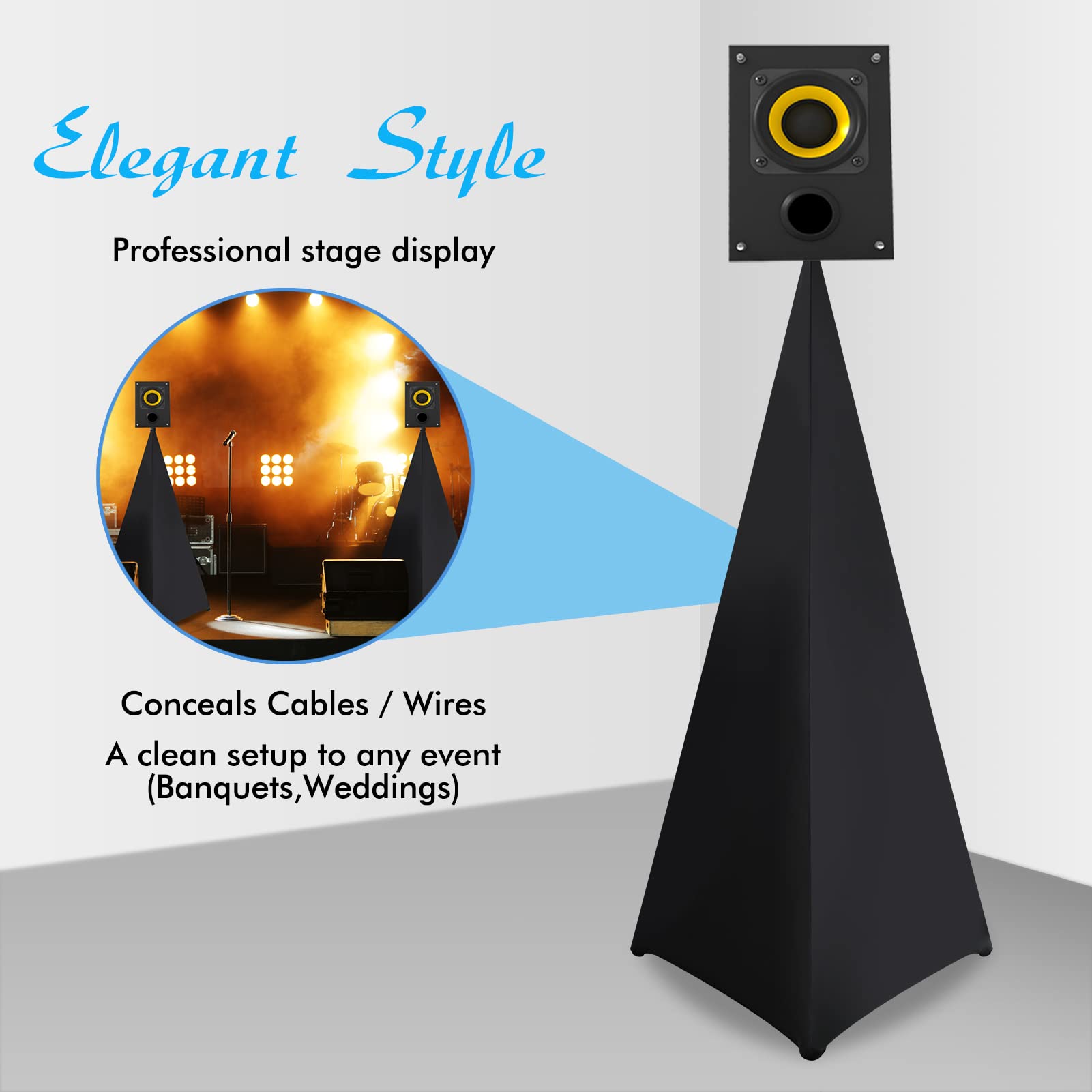 DJ Speaker Stand Cover - Universal 360° Adjustable Tripod Speaker Stand Scrim with Travel Bag (2 Pack, Black) - Perfect for DJ Gigs, Live Performances & Outdoor Events