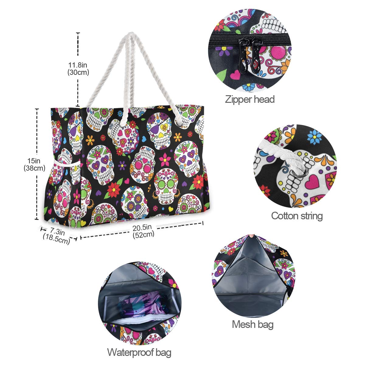 ALAZA Sugar Skull Beach Tote Bag - Stylish Halloween & Day of the Dead Travel Bag for Women, Waterproof Camping & Gym Tote - Perfect for Beach Trips, Workouts & Festival Outings