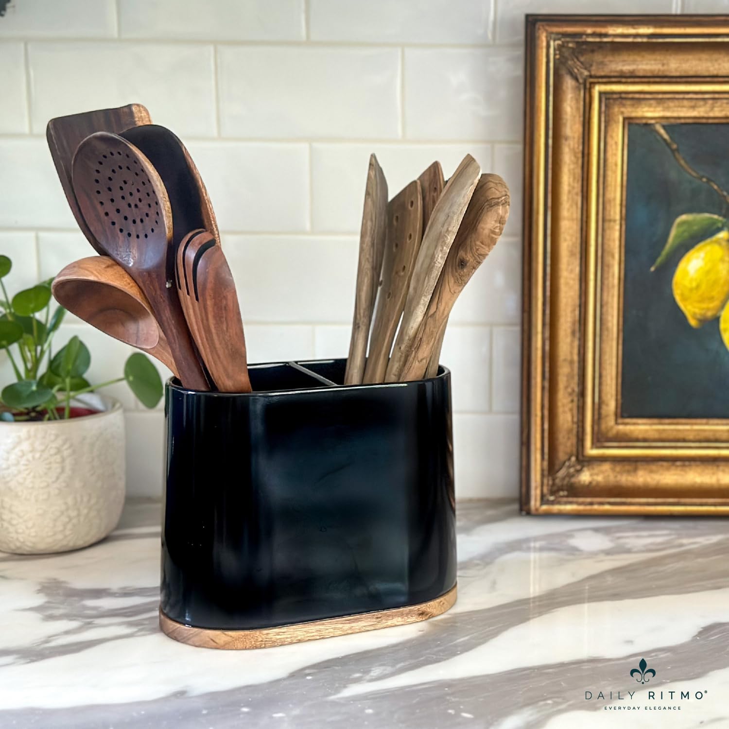 DAILY RITMO® Black Ceramic Kitchen Utensil Holder with Acacia Wood Base - 2 Compartment Countertop Organizer for Spoons, Spatulas & Cooking Tools - Perfect for Kitchen Counter, Pantry & Dining Room Storage