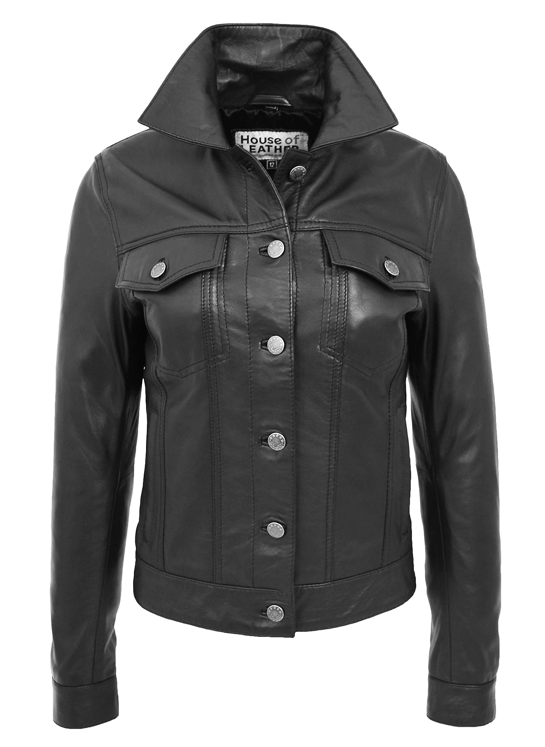 Women's Black Leather Trucker Jacket - Fitted Denim Biker Style Coat for American Girls | Perfect for Motorcycle Riding, Casual Outings & Night Out Fashion