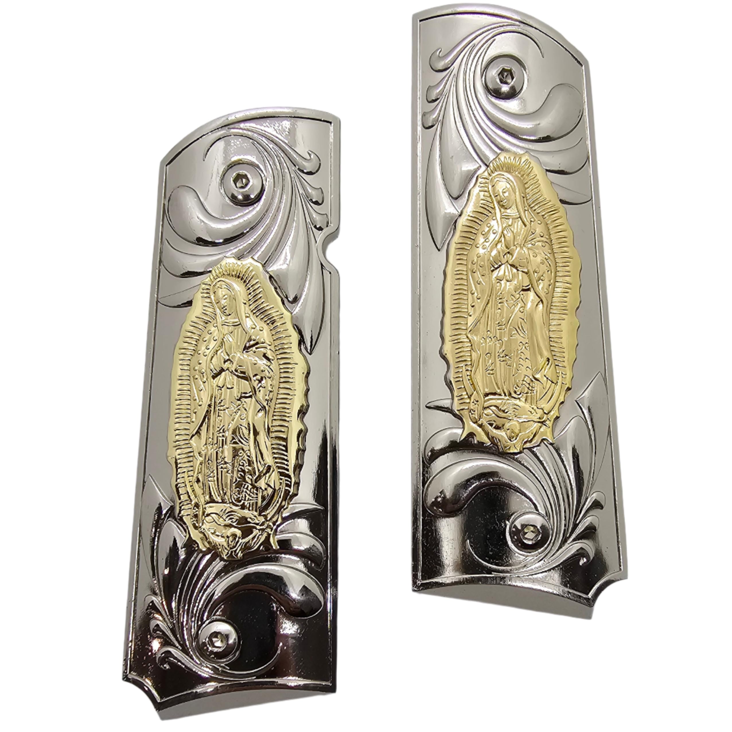 Virgin Mary Lady of Guadalupe Full-Size Grips - Nickel-Plated Ambi Safety Grips for Colt, Kimber, Rock Island & Clones | Perfect for Pistol Customization & Religious Protection