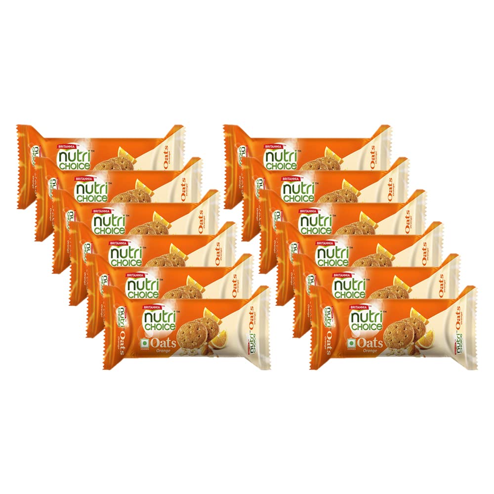 Britannia NutriChoice Oats Orange Cookies 2.64oz (75g) - Healthy Breakfast & Tea Time Snacks - Crunchy Whole Grain Biscuits - Pack of 12 - Perfect for Office, School Lunchbox & Afternoon Tea