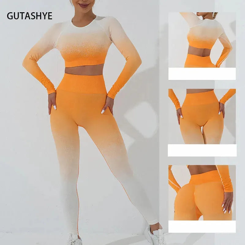 Seamless Women's Yoga Set - Workout Tracksuit Sportswear Gym Clothing with Long Sleeve Crop Top & High Waist Leggings - Gradient Fitness Outfit for Yoga, Pilates, Running & Gym Training