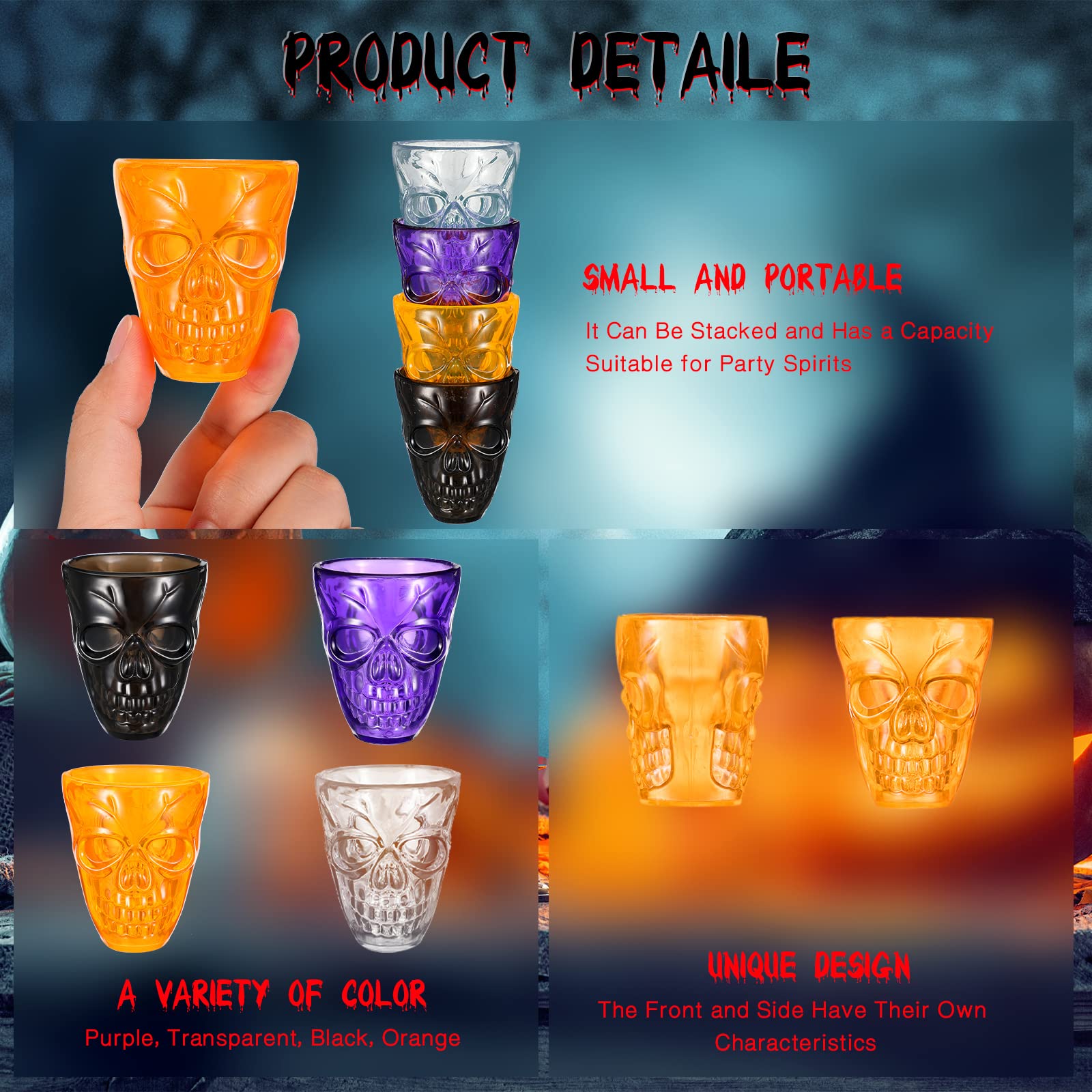 Honeydak 48-Pack Unbreakable Plastic Skull Shot Glasses 1.86 oz (55ml) for Halloween Party Favors - Perfect for Vodka, Spirits & Cocktail Decorations - Ideal for Halloween Parties, Themed Events & Bar Accessories