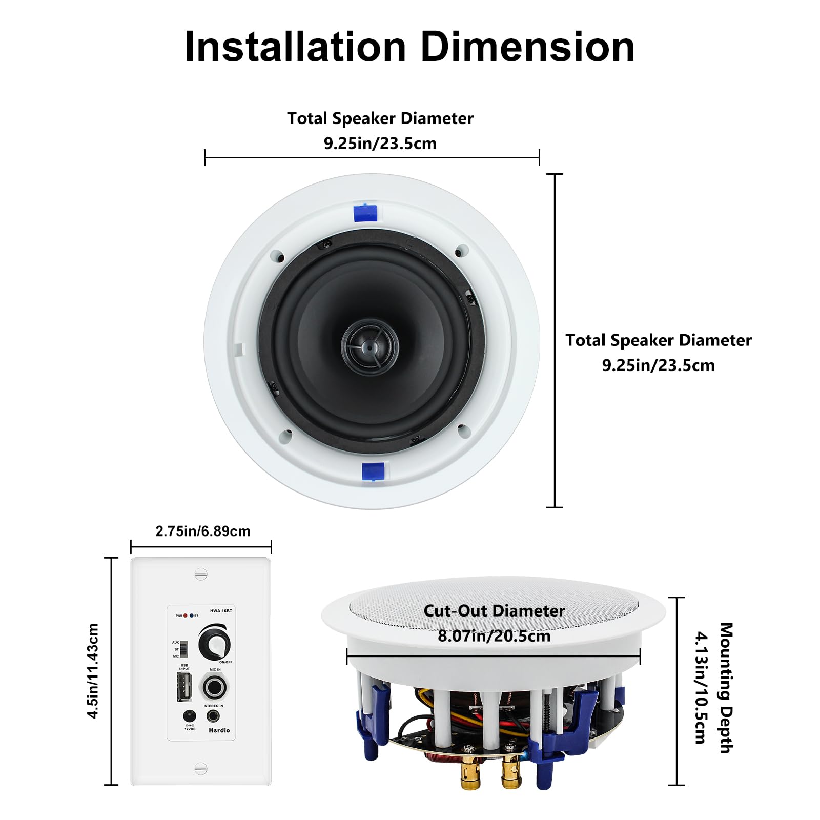 Herdio 640W In-Wall Bluetooth Amplifier & Volume Control Receiver with 6.5 Inch Ceiling Speakers (2 Pairs) - Complete Home Audio System for Multi-Room Music, Home Theater & Background Sound