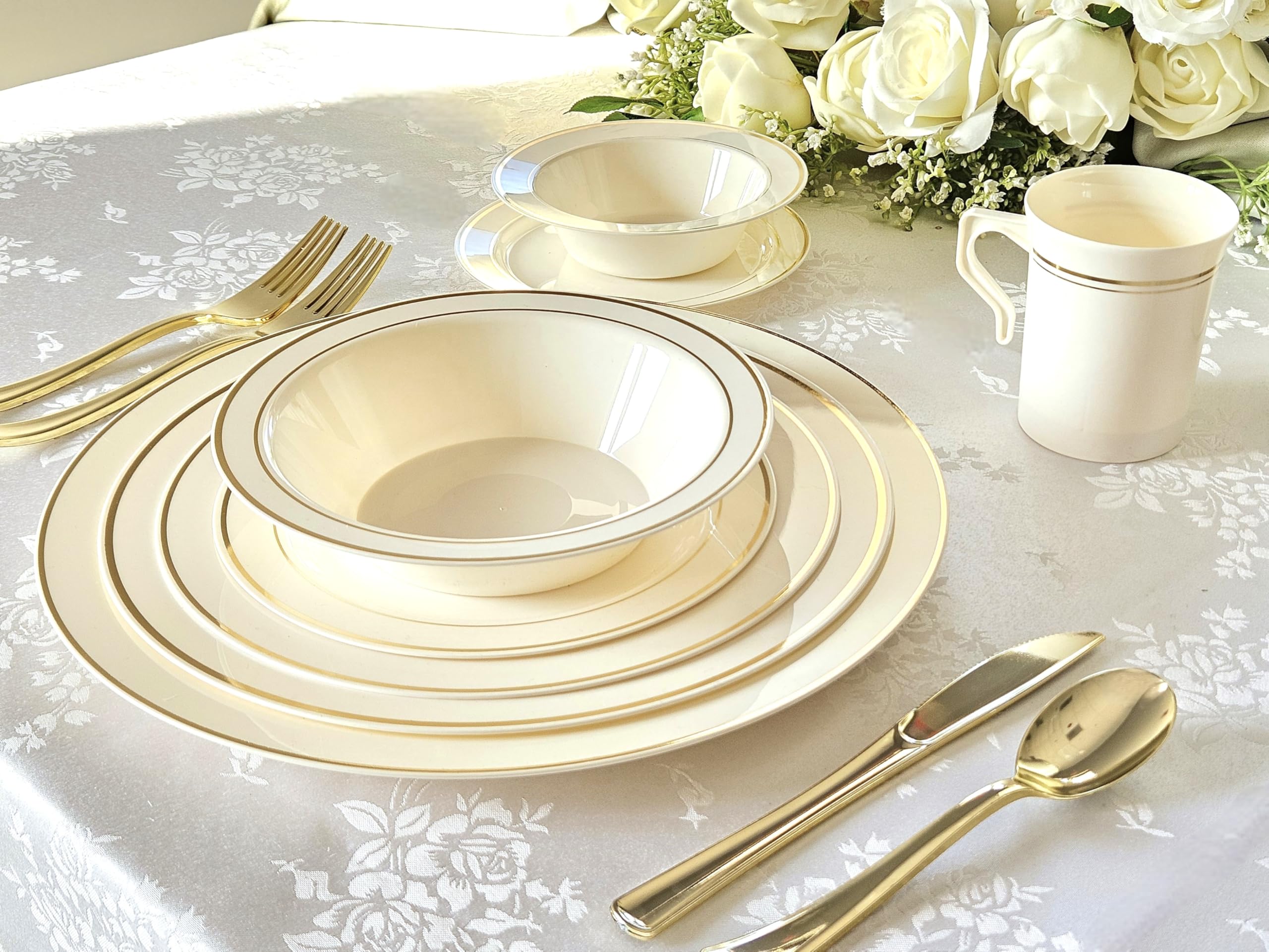 40-Pack Heavyweight Disposable Plastic Plates for Weddings & Parties - 7.5'' Ivory Appetizer/Dessert Plates with Elegant Gold Rim | Perfect for Bridal Showers, Birthday Celebrations & Formal Events