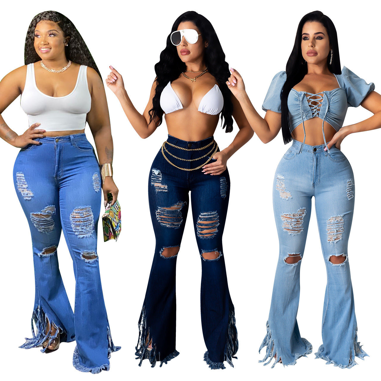 Ripped Denim Tassel High Rise Jeans for Women - Trendy Distressed Skinny Jeans with Fringe Details | Perfect for Casual Outfits, Street Style & Night Out