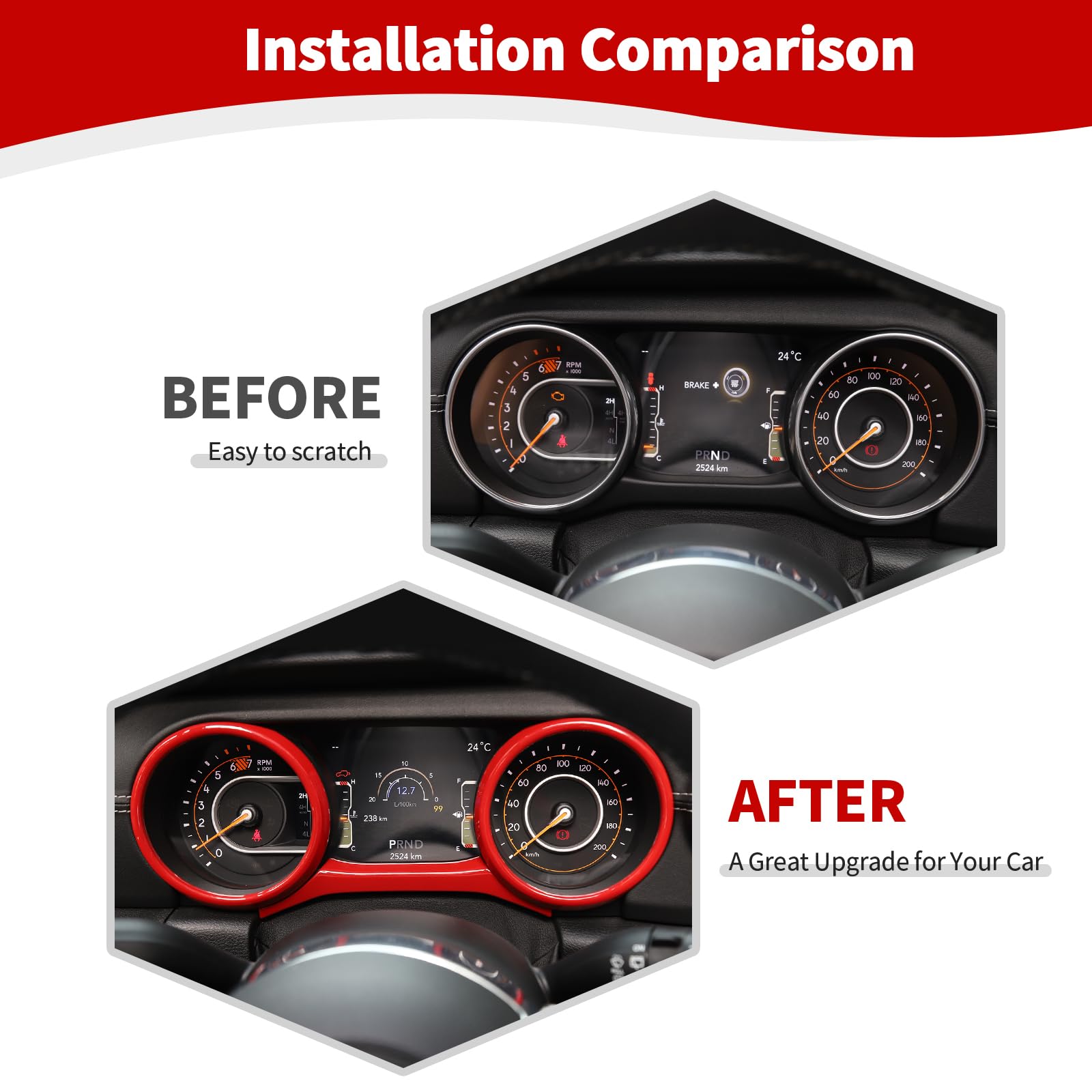 Jeep Wrangler JL JLU & Gladiator JT Dashboard Cluster Panel Gauge Trim Ring Cover (2018-2023) - 3-Piece Red Interior Accessories for Enhanced Style & Protection - Perfect for Off-Roading & Customization