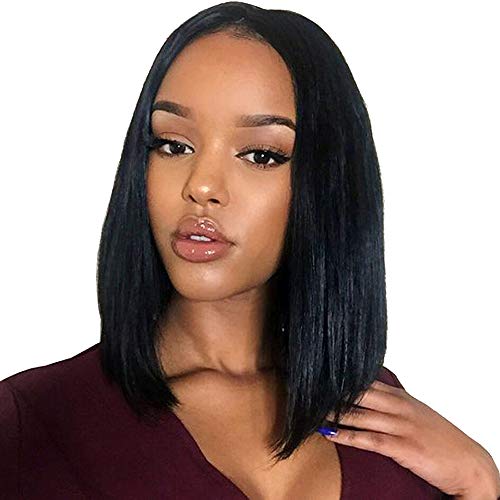 Fluffy Brazilian Human Hair Bob Wig - Short Straight Lace Front Wig with Natural Look (Black, One Size) for Cosplay, Daily Wear & Costume Parties