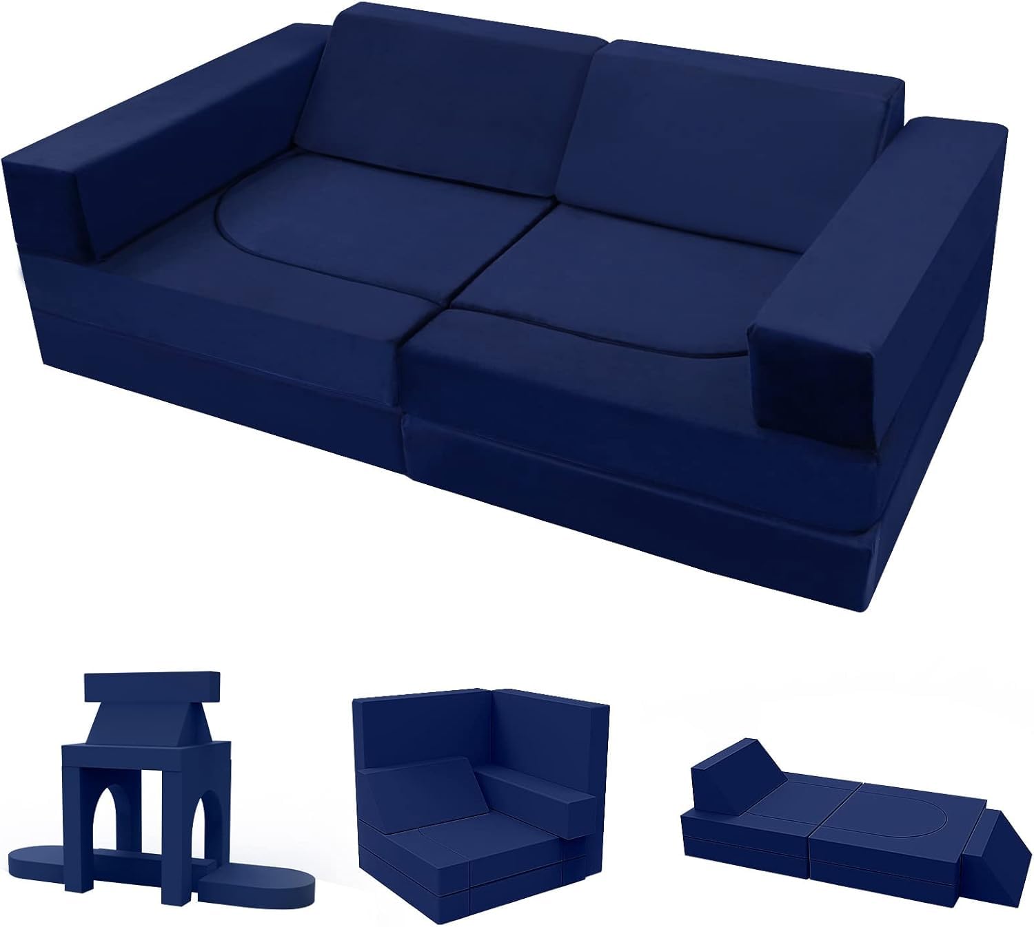 MeMoreCool Modular Kids Play Couch - 10 Piece Foam Lounge Sofa Set for Playroom & Toddler Bed | Navy Blue Block Couch for Boys & Girls | Perfect for Playrooms, Daycare Centers & Kids Bedrooms