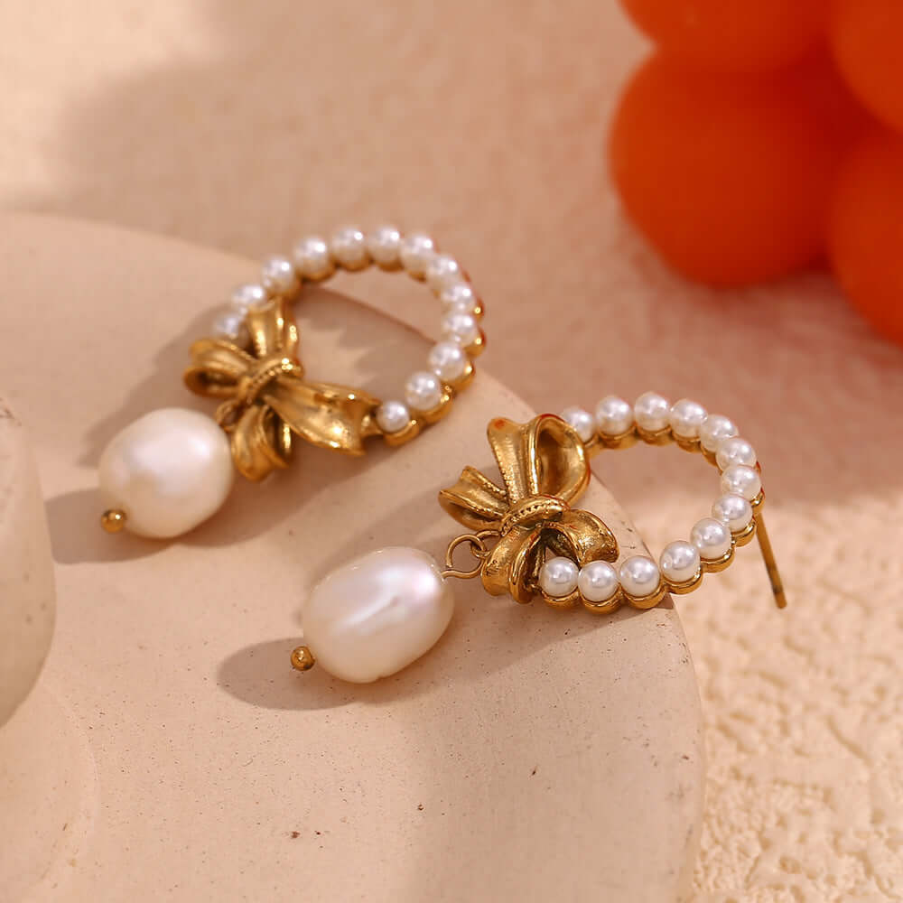 Elegant Gold Bow Pearl Drop Earrings for Women - Classic Dangle Earrings for Bridal, Party & Special Occasions | E7853
