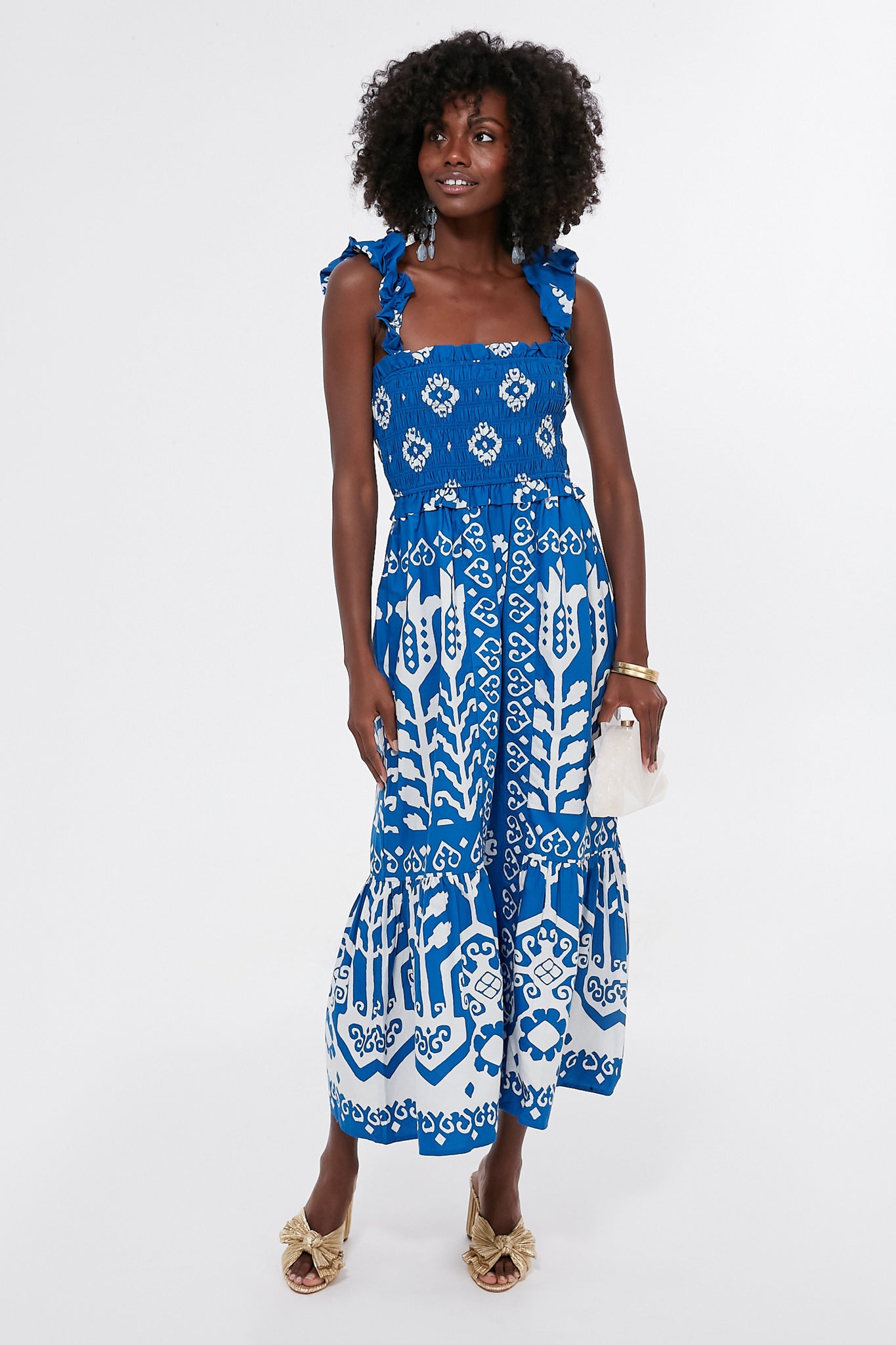 Blue Sonia Print Sleeveless Smocked Dress for Women - Summer Casual Flowy Midi Dress for Beach, Party & Vacation