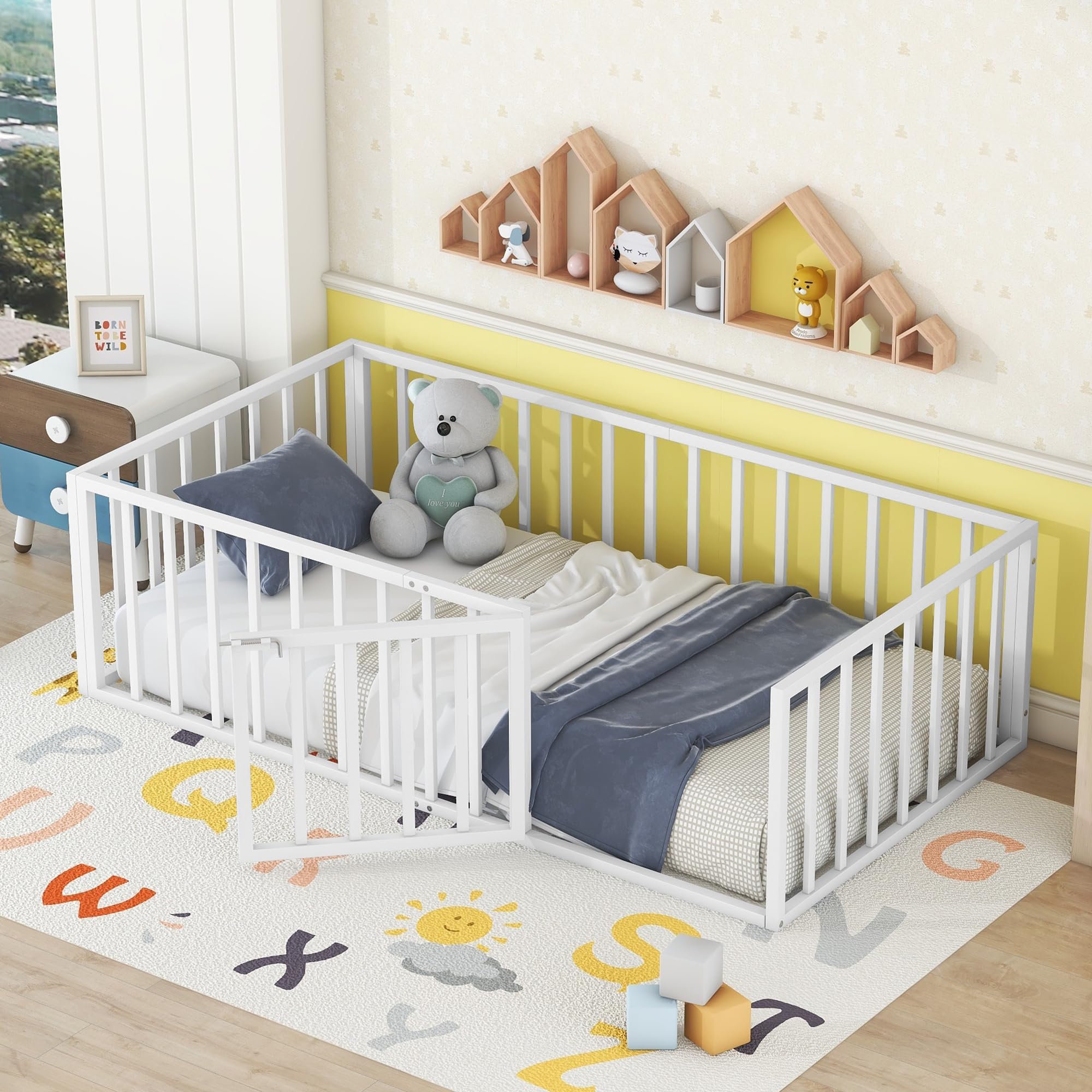 Bellemave Twin Floor Bed for Kids - Montessori Style Wooden Bed with Door, Low Profile Toddler Bed for Boys & Girls, Sturdy Metal Frame (White) - Perfect for Montessori Bedrooms, Daycare Centers & Safe Toddler Sleep Spaces