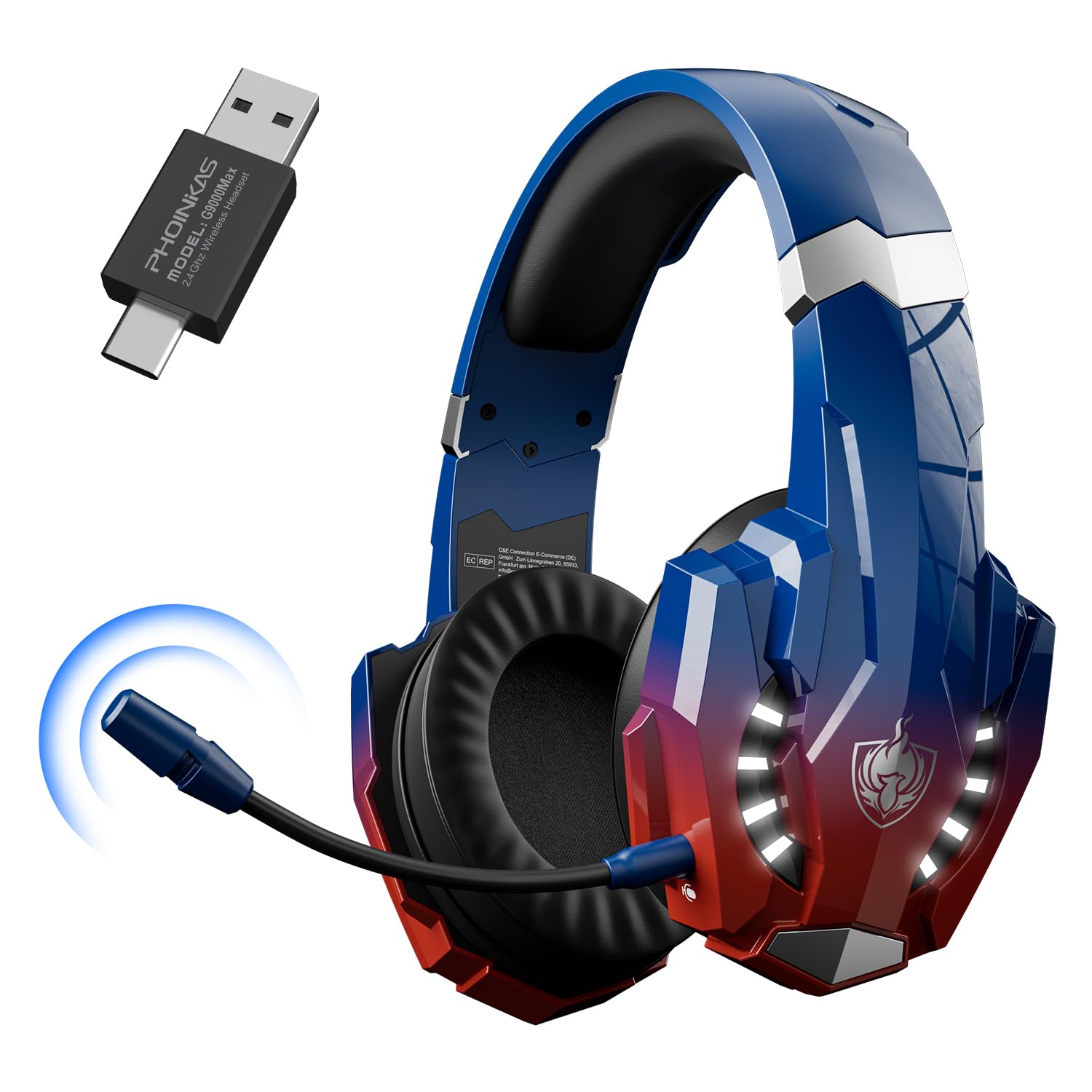 PHOINIKAS 2.4GHz Wireless Gaming Headset for PS5, PS4, PC, Nintendo Switch - Over Ear Headphones with Noise Cancelling Mic, 7.1 Surround Sound, 40+ Hour Battery Life (Dazzle Blue) - Perfect for Competitive Gaming, Streaming & Late-Night Sessions