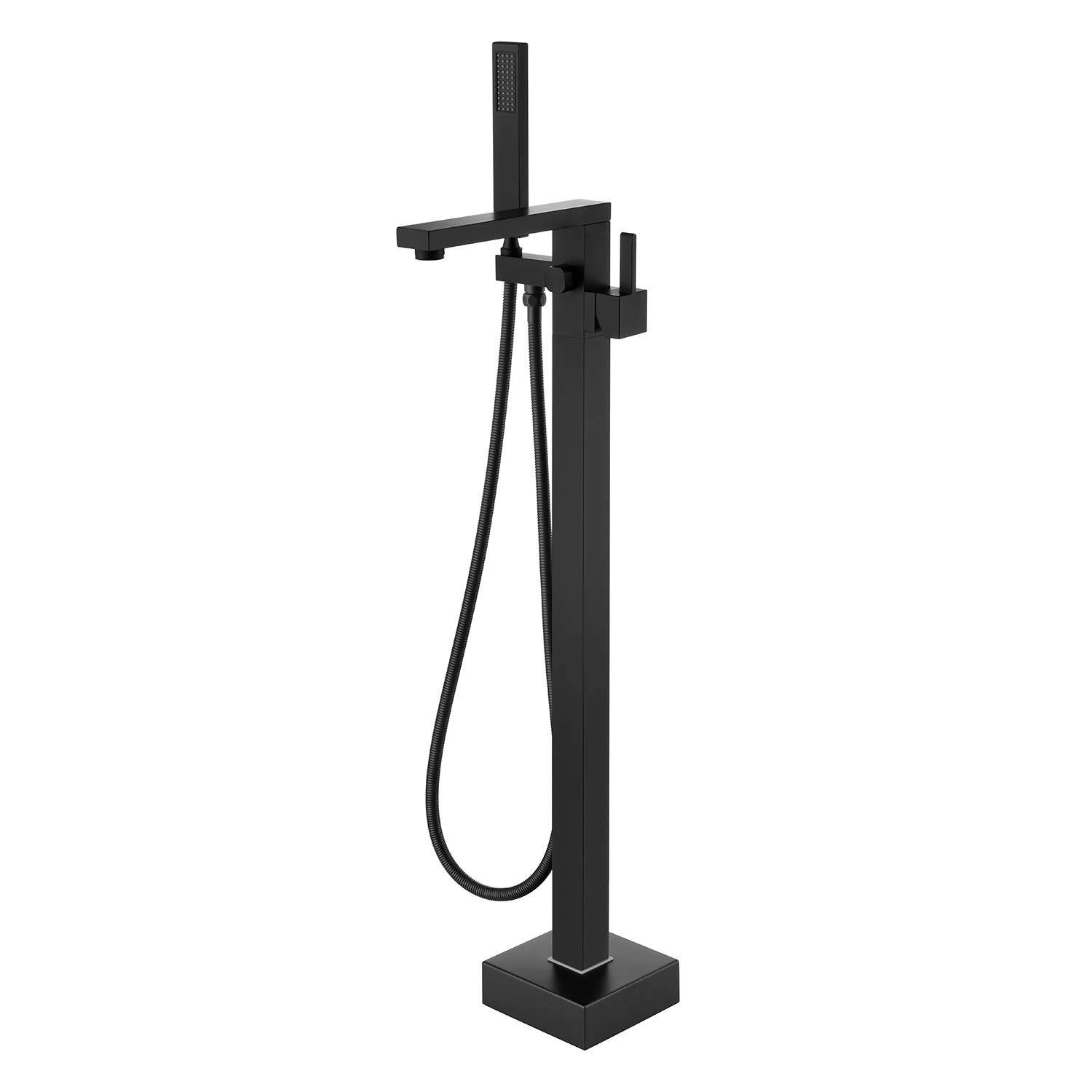Freestanding Bathtub Faucet - Black Floor Mount Brass Tub Filler with Hand Shower | Single Handle Bathroom Faucet for Modern & Luxury Bathrooms | Perfect for Spa, Master Bath & Freestanding Tubs