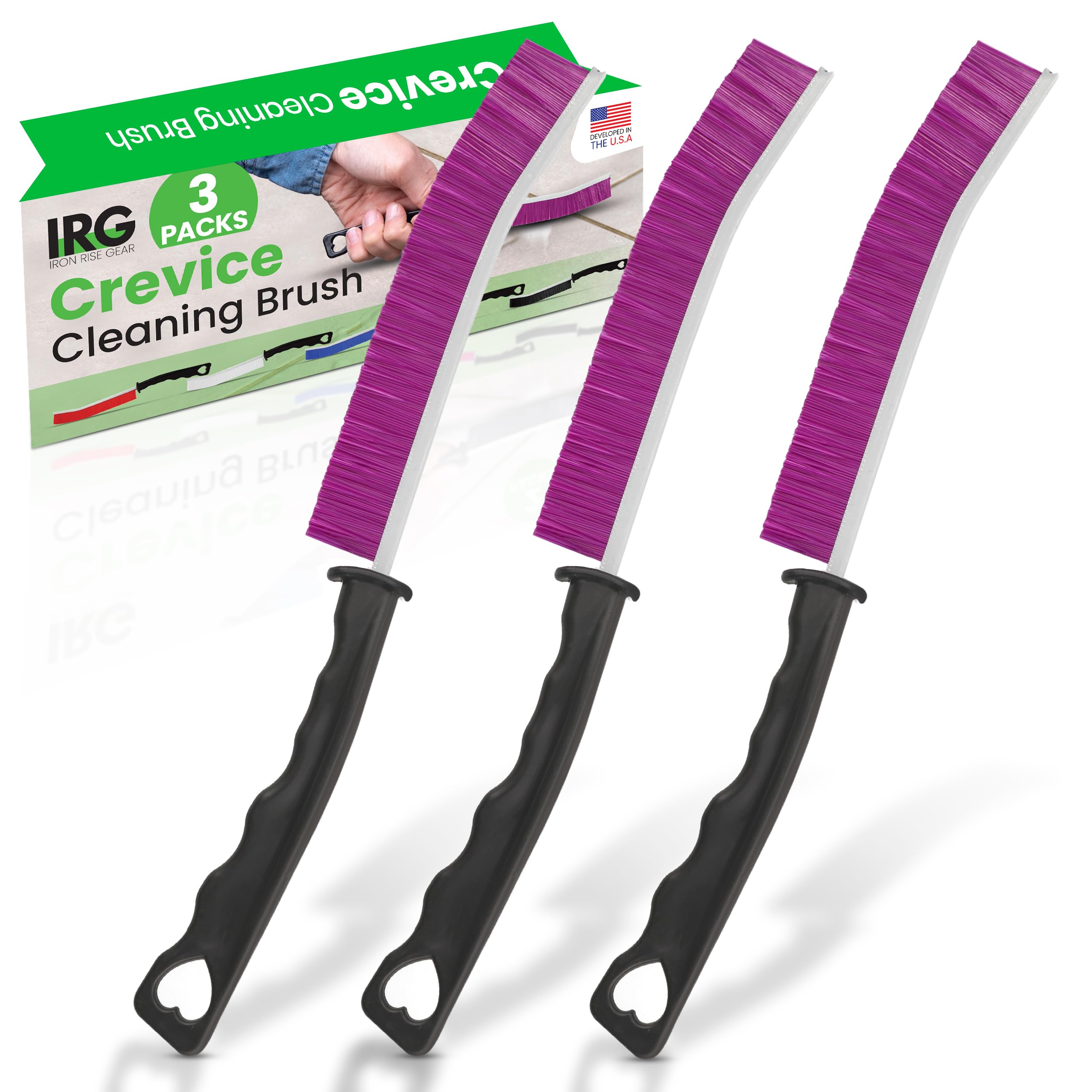 IRG Hard Bristle Crevice Cleaning Brush Set of 3 - Stiff Durable Grout & Tile Cleaning Brushes for Bathroom, Kitchen, Shower - Made in USA - Perfect for Deep Cleaning Narrow Gaps, Corners & Hard-to-Reach Areas