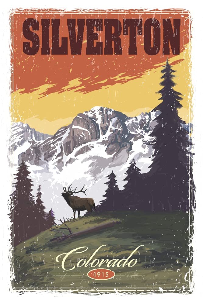 Silverton Colorado Mountain View & Elk Distressed Art Print - 24x36 Signed Wall Decor Poster - Perfect for Cabin, Lodge & Western Home Decor