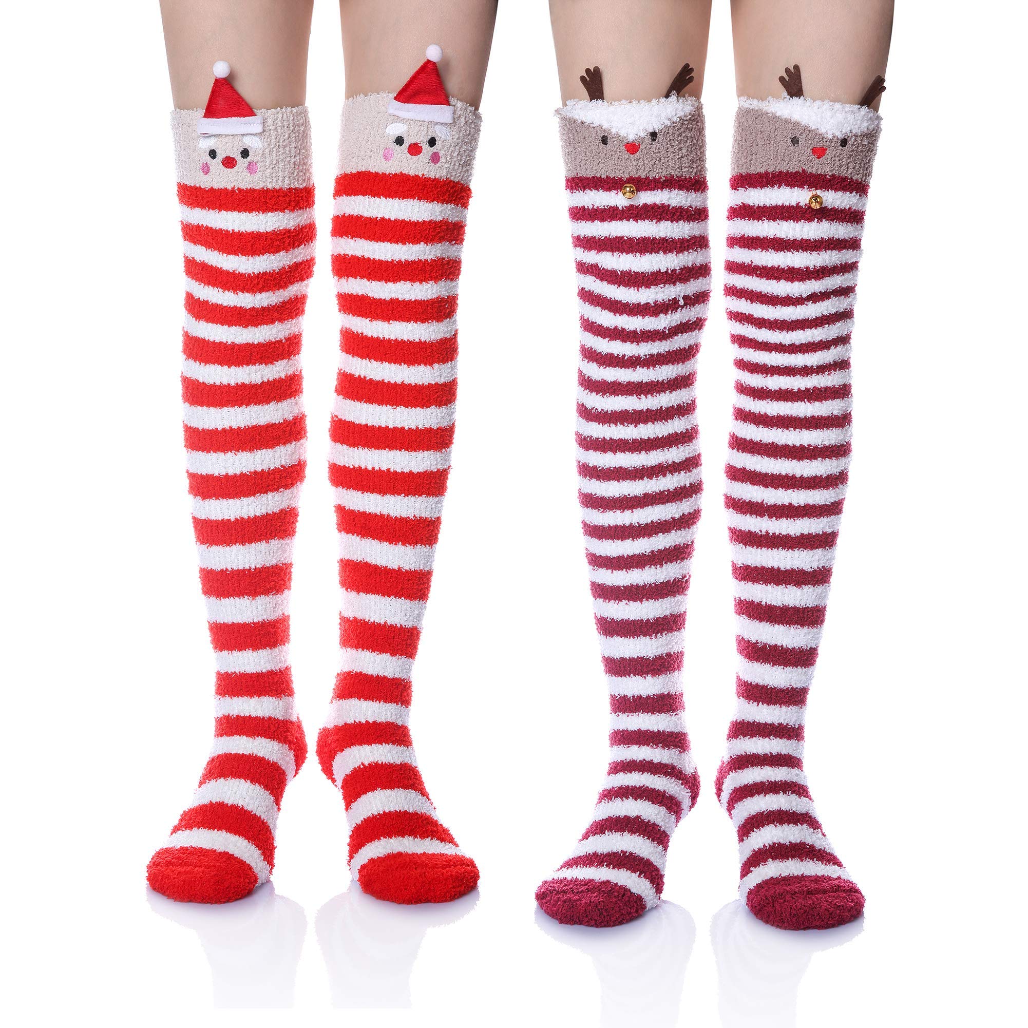Wander G Women's Over Knee High Fuzzy Socks - Cute Cartoon Thigh High Stockings, Warm Striped Leg Warmers for Winter, Christmas Gifts, Lounge & Home Comfort