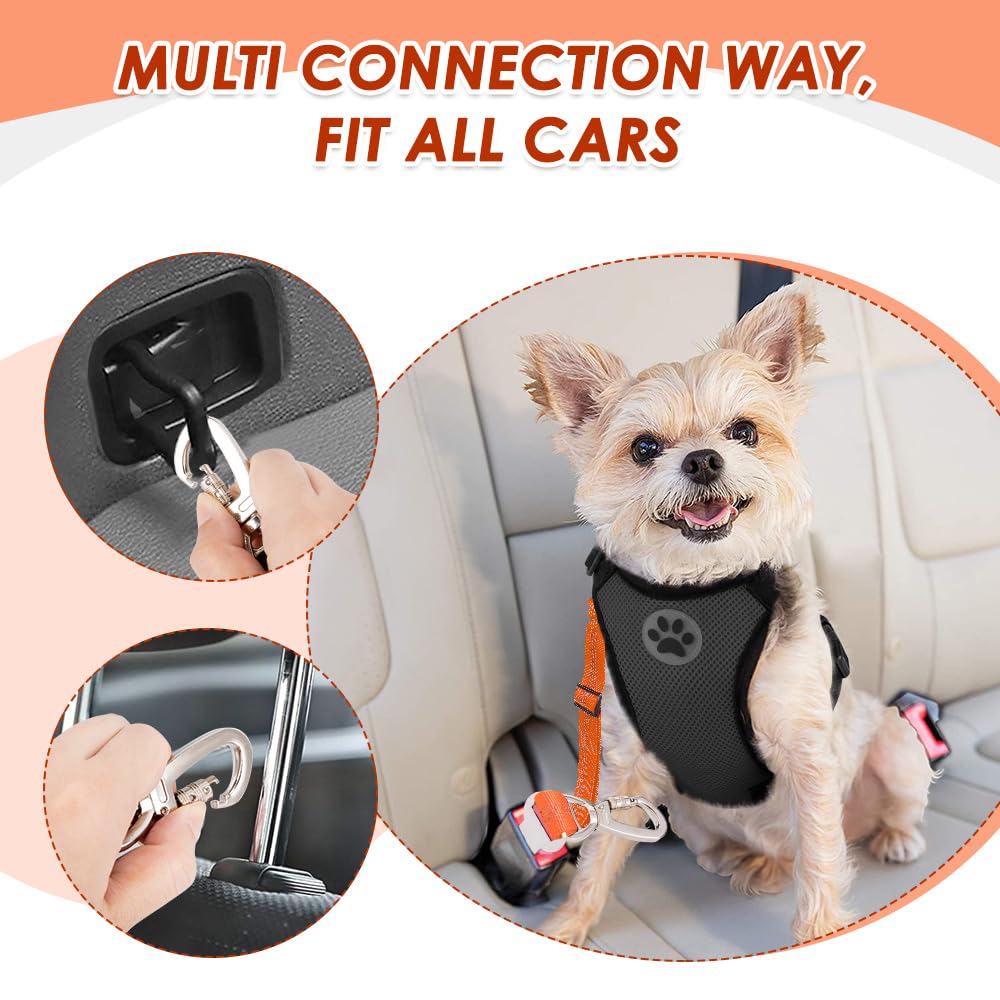 SlowTon 2 Pack Heavy Duty Adjustable Dog Seat Belt - Elastic Bungee Buffer Nylon Reflective Pet Safety Tether for Car Travel, Connects to Harness with Dual Clip (Orange) - Perfect for Road Trips & Safe Vehicle Rides with Your Pet