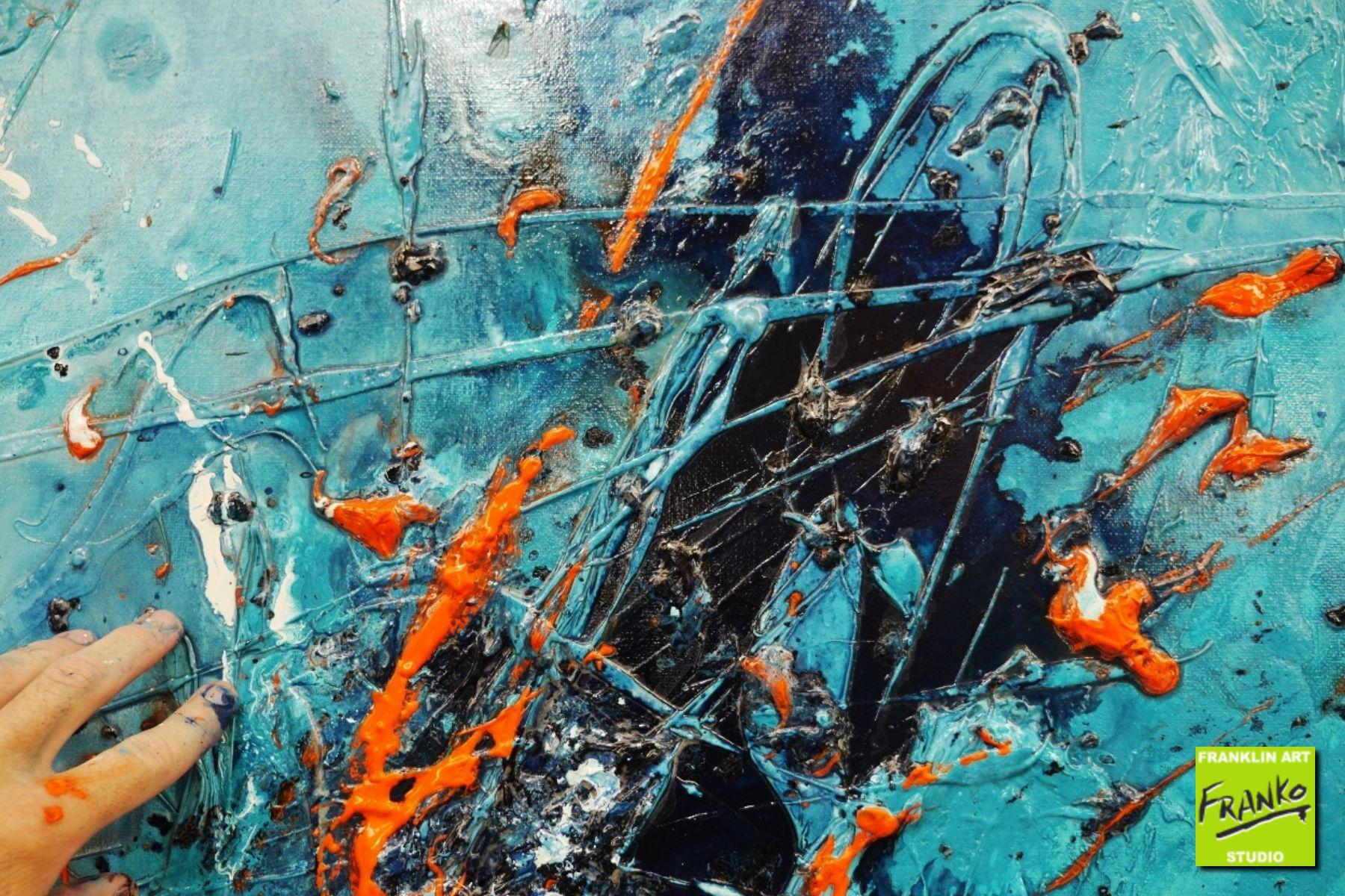 Blue Orange Textured Abstract Painting 190cm x 100cm - Modern Large Wall Art for Living Room, Bedroom Decor - Handmade Candy Oranges Canvas Artwork