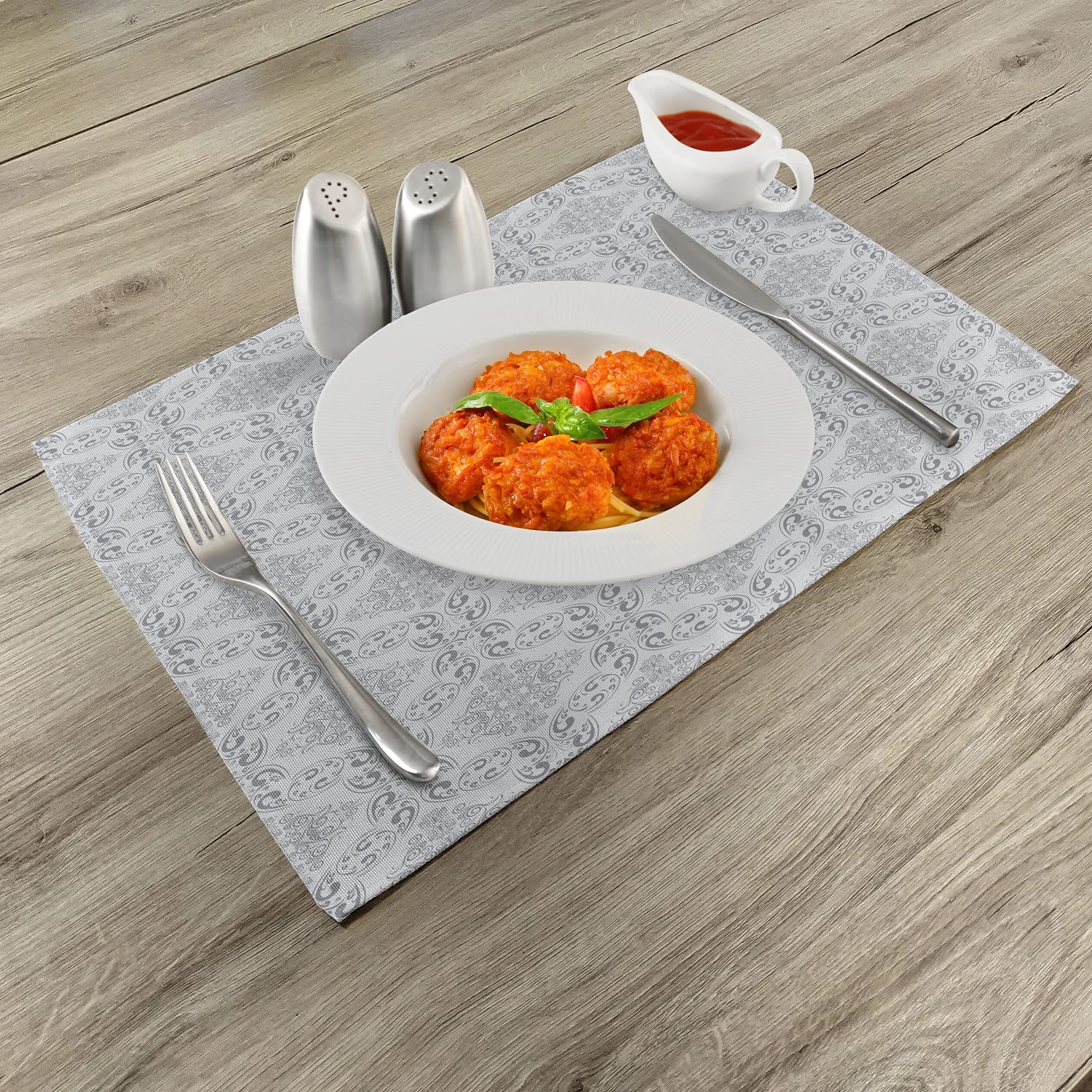 Ambesonne Grey Placemats Set of 4 - Victorian Antique Tile Design with Royal Scroll Motifs, Washable Fabric Dining Table Mats, Standard Size (Pale Grey) - Perfect for Formal Dinners, Holiday Gatherings & Elegant Home Decor