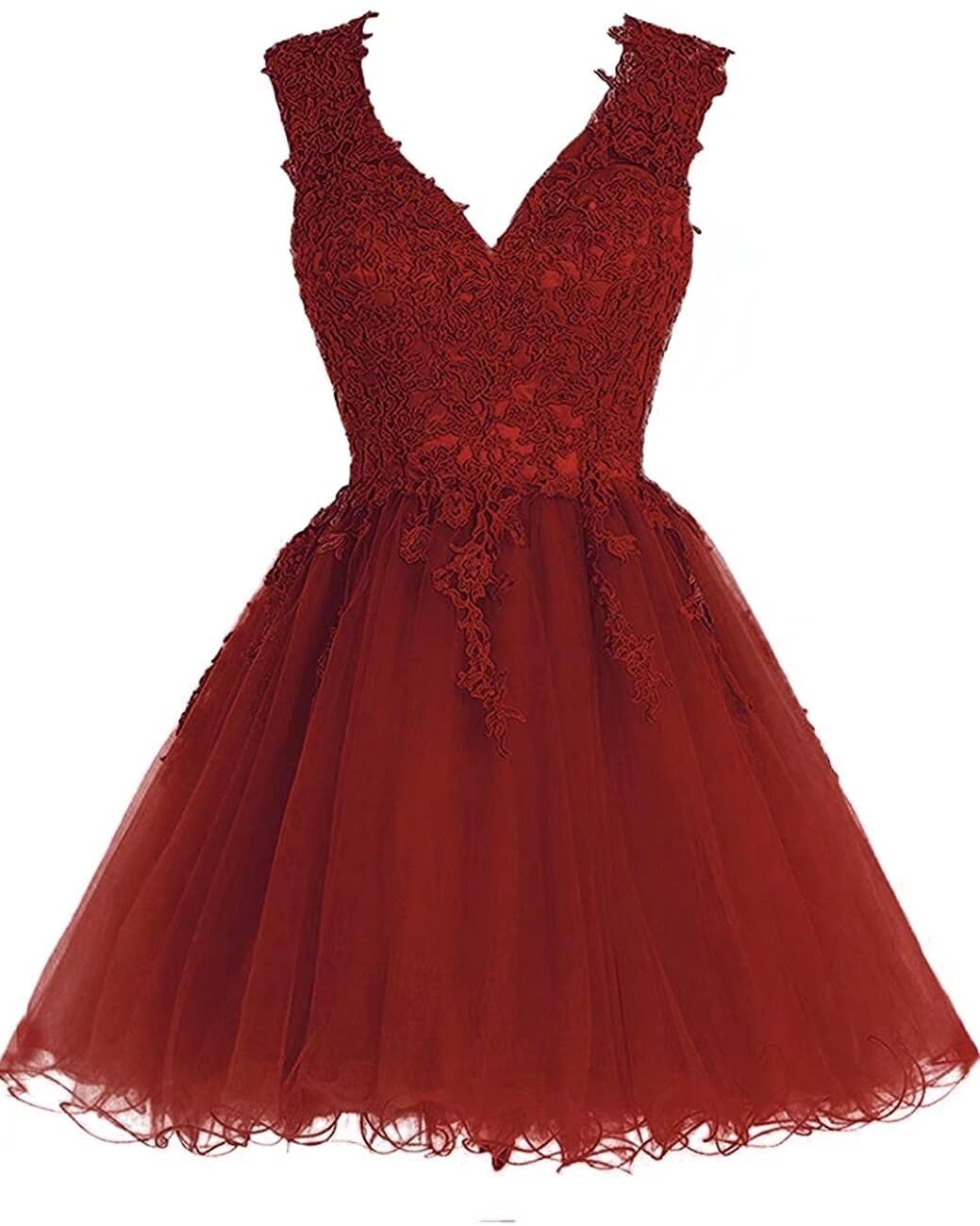 Elegant Women's Short Tulle Homecoming Dress with V-Neck Lace Applique - Perfect for Prom, Party & Special Occasions | Formal Dance, Cocktail Event & Evening Wear