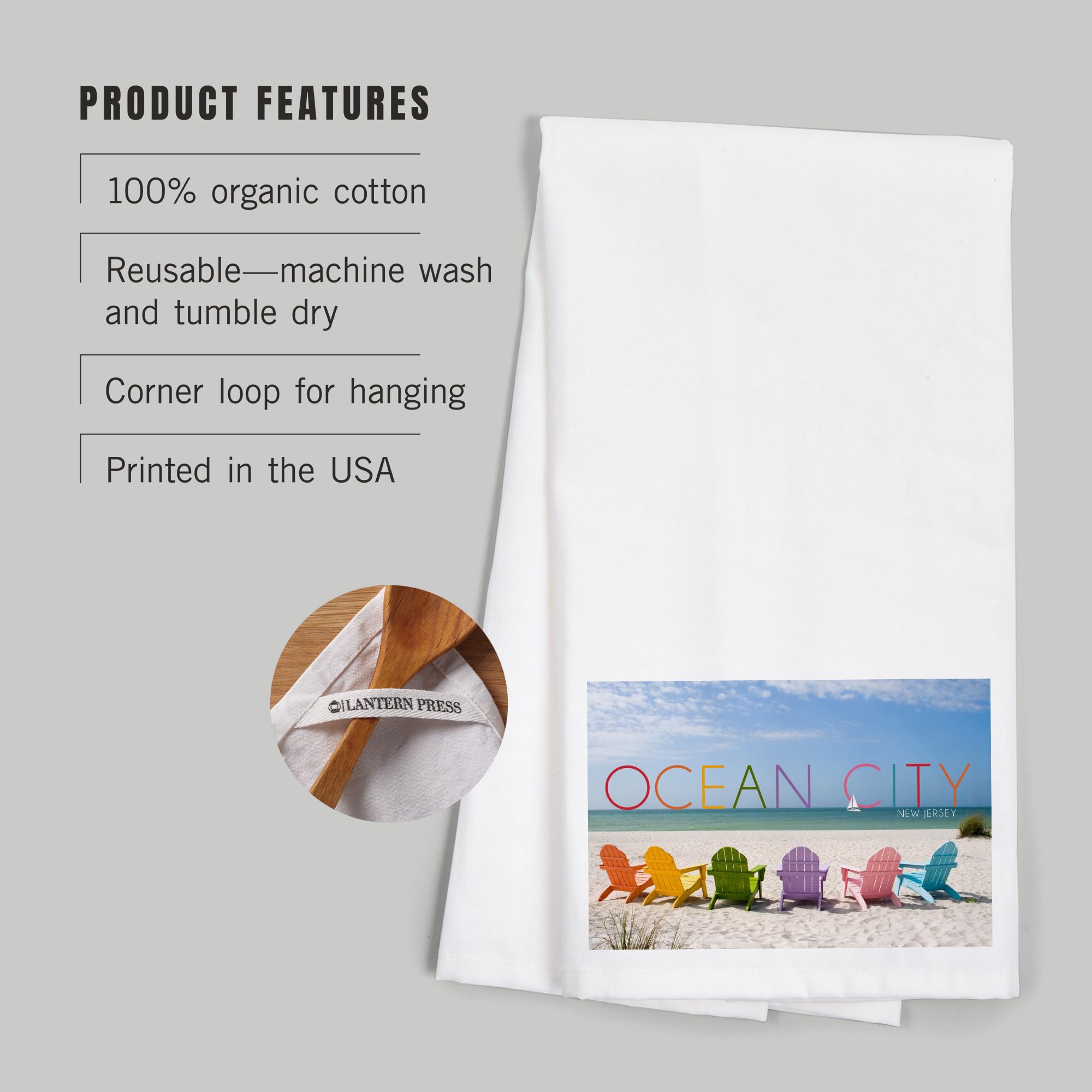 Lantern Press Ocean City New Jersey Beach Chairs 100% Cotton Tea Towel - Decorative Hand Towel for Kitchen, Bathroom & Home Decor - Perfect for Beach House, Coastal Decor and Gift Giving