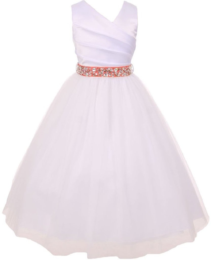 Elegant V-Neck Rhinestone Belt Flower Girl Dress for Little Girls - Perfect for Weddings, Parties & Special Occasions | BluNight Collection