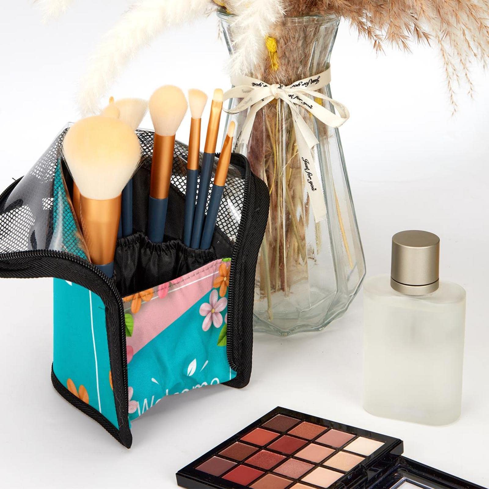 12-Piece Makeup Brush Organizer Bag with Welcome Flower Design - Portable Cosmetic Brush Holder Case for Travel & Home Storage