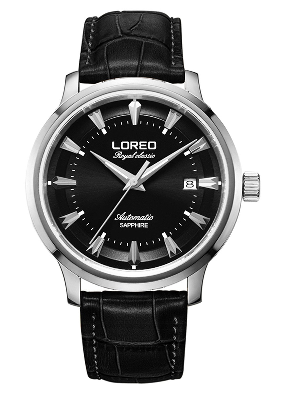 LOREO Men's Automatic Watch - Sapphire Glass, Silver Stainless Steel, Leather Strap, Date Display, Black Dial, Waterproof - Perfect for Business, Casual & Formal Occasions