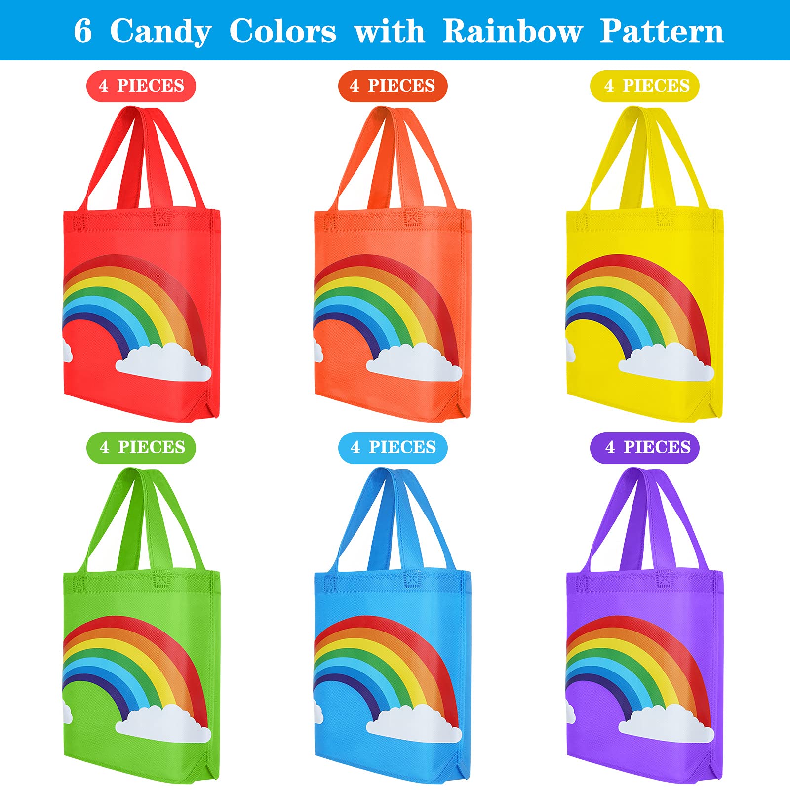 24-Piece Rainbow Non-Woven Reusable Gift Bags Set - 9.8x9.8x3.1 Inch Party Favor Bags with Handles for Kids Birthday, Wedding, Baby Shower & Holiday Celebrations - Perfect for Candy, Treats, Small Gifts & Party Favors