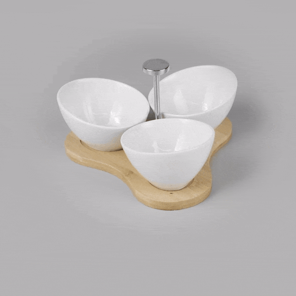 15 oz White Porcelain Inclined Rectangular Bowls Set of 3 with Bamboo Tray - 8.75