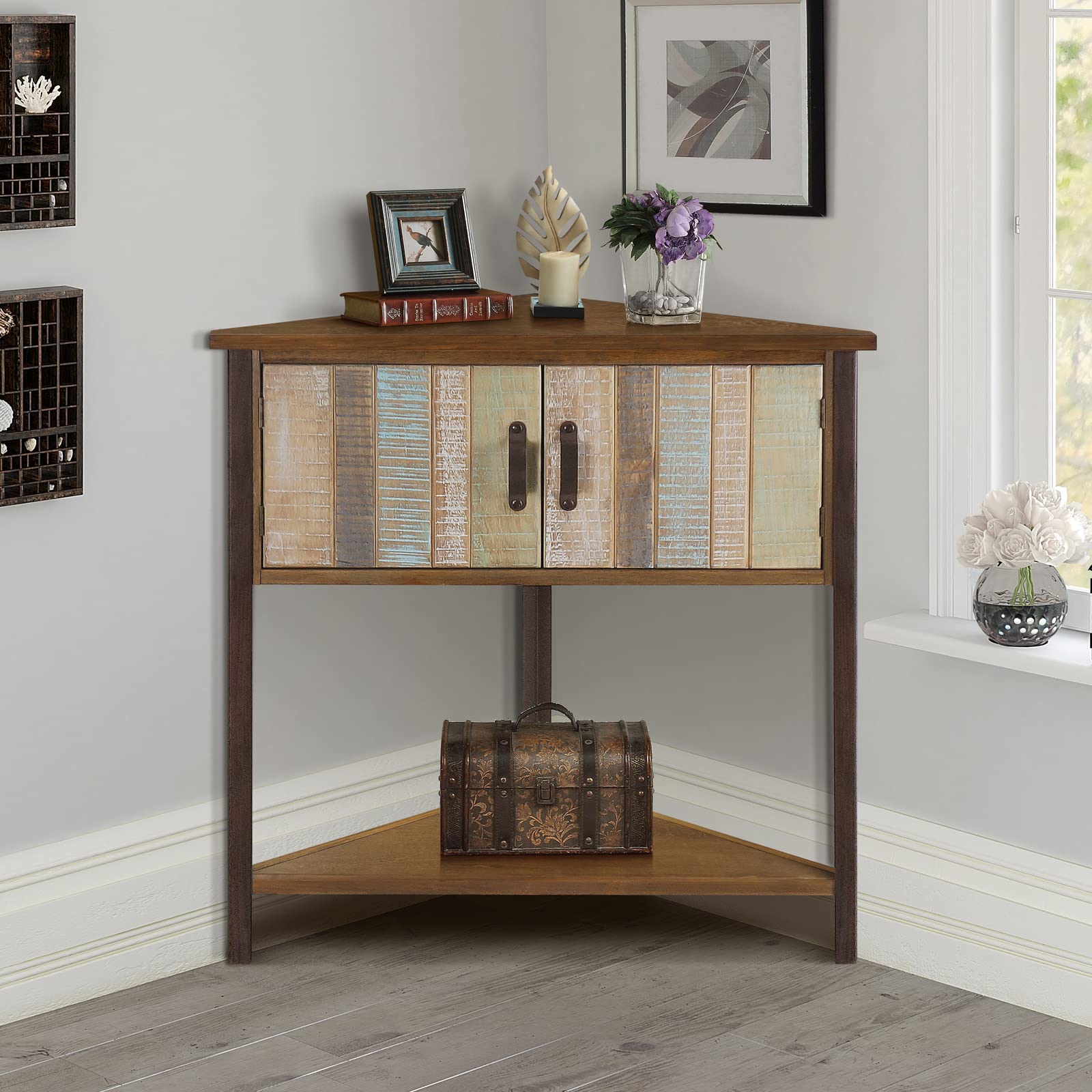 Solid Wood Corner Cabinet with Storage - Rustic Entryway Cabinet for Small Spaces, Living Room & Apartment Decor | Natural Blue Accent Table for Hallway, Bedroom & Cabin Style Homes