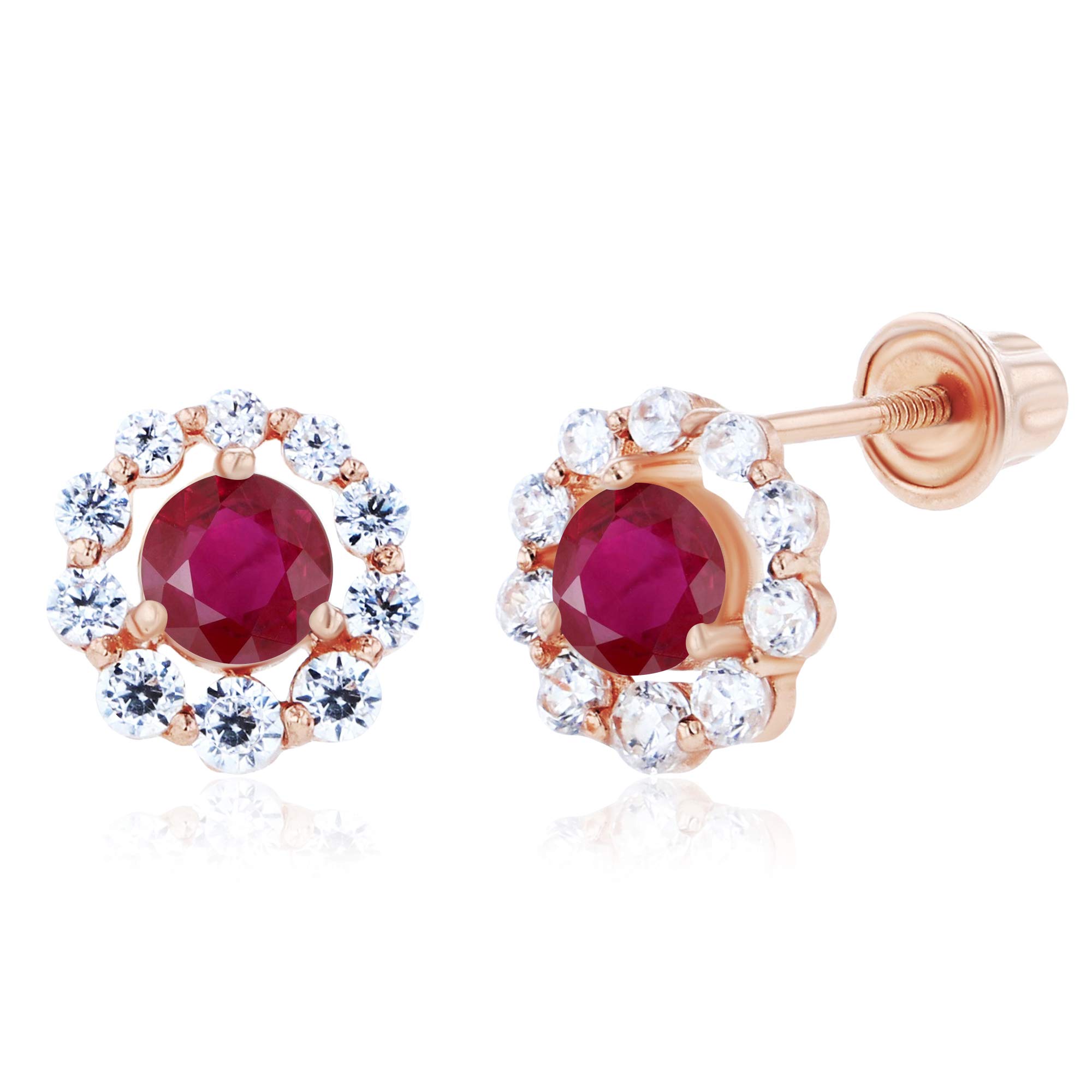 14K Solid Gold 6mm Halo Natural Birthstone Screwback Stud Earrings for Women | 3mm Round Birthstone | 1mm Created White Sapphire Halo Earrings | Perfect for Birthdays, Anniversaries, and Everyday Elegant Wear