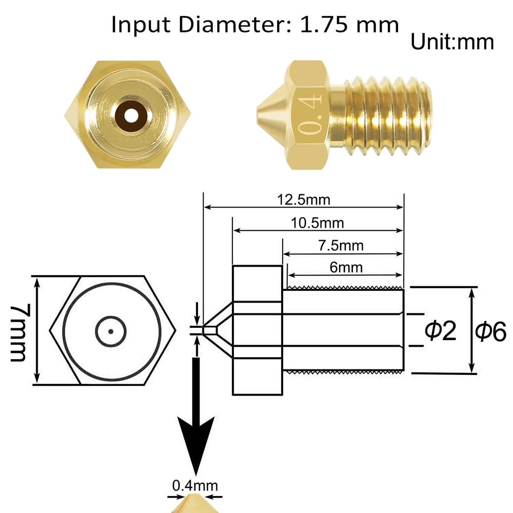 Aokin 10 Pack 3D Printer Nozzles - Brass Extruder Nozzles 0.4mm Compatible with E3D V5/V6, 1.75mm Filament - Perfect for DIY 3D Printing, Prototyping & Maker Projects