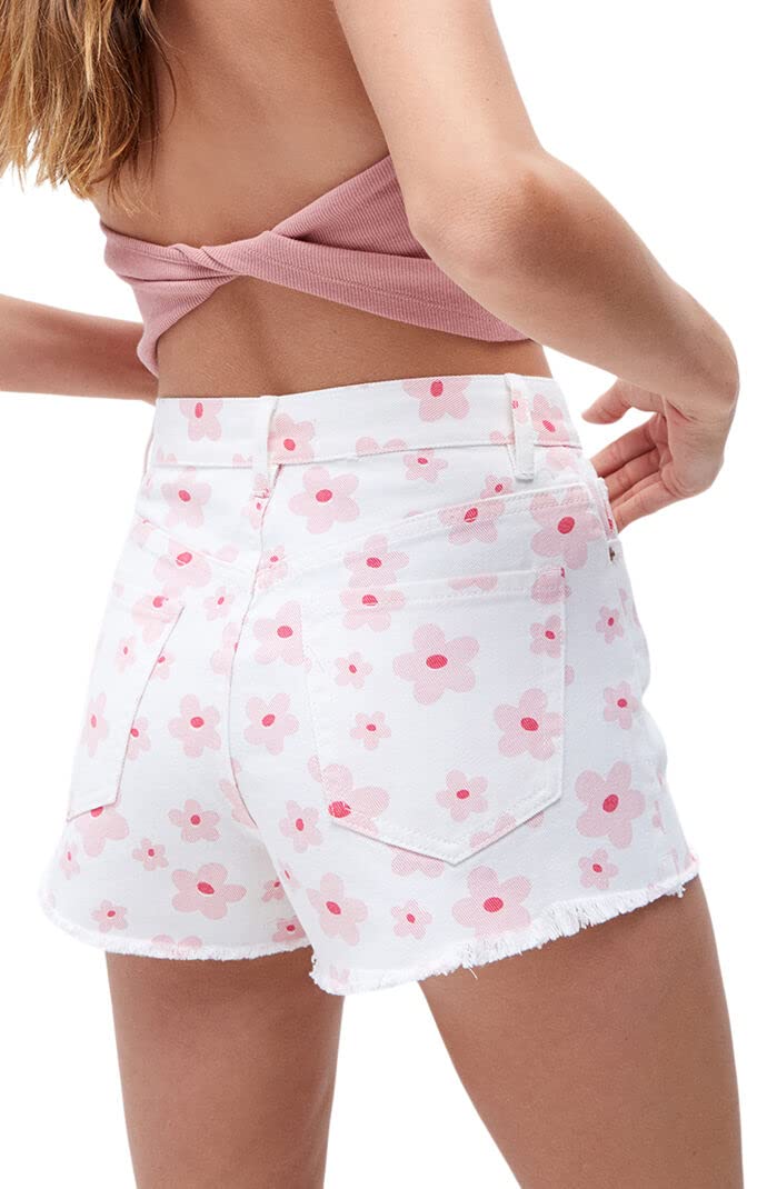 PacSun Women's Vintage High Waisted Denim Shorts with Pink Floral Design - Perfect for Summer Outfits, Beach Vacations & Casual Street Style