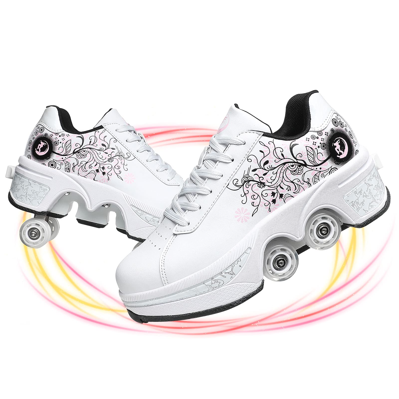 Women's 2-in-1 Roller Skates & Sneakers - Convertible Outdoor Skating Shoes for Parkour, Street Skating | Perfect for Girls & Boys | Lightweight Wheeled Shoes for Sports, Commuting & Fun Activities