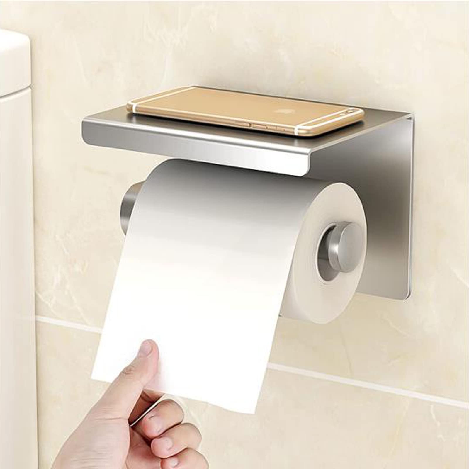 Stainless Steel Wall Mounted Toilet Paper Holder with Phone Shelf - Adhesive or Screw Installation for Bathroom, Kitchen, RV - Space Saving Organizer for Tissues & Smartphones